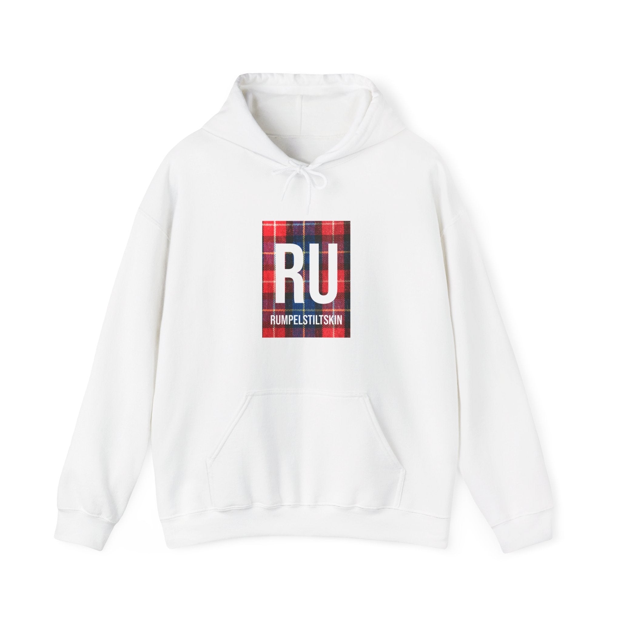 This RU - Hooded Sweatshirt offers ultimate comfort with its white fabric, front pocket, and a stylish design featuring "RU" and "RUMPELSTILTSKIN" on a plaid background on the chest.