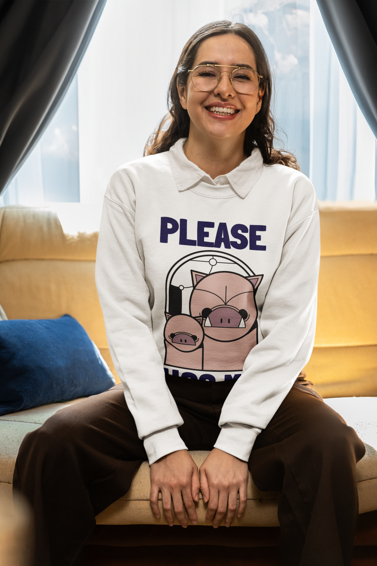 'Please Hog Me' pig graphic sweatshirt in white, woman wearing it indoors, funny pig pun gift idea