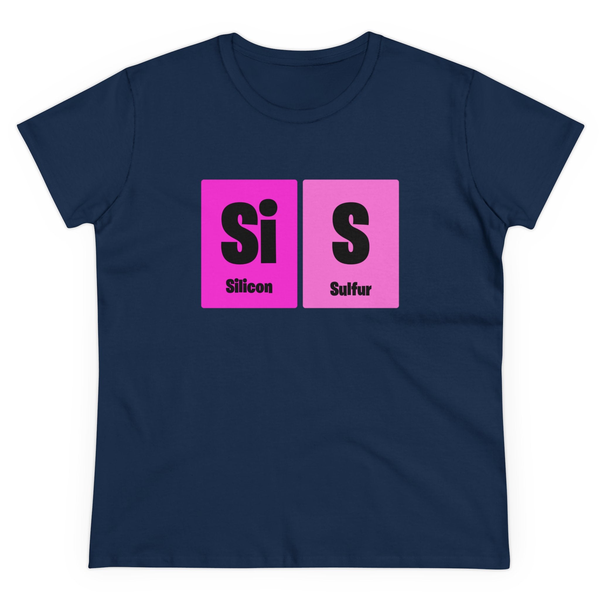 A cozy fashion navy blue Si-S Light Pendant - Women's Tee featuring the symbols and names of the elements Silicon (Si) and Sulfur (S) from the periodic table, displayed in pink squares.