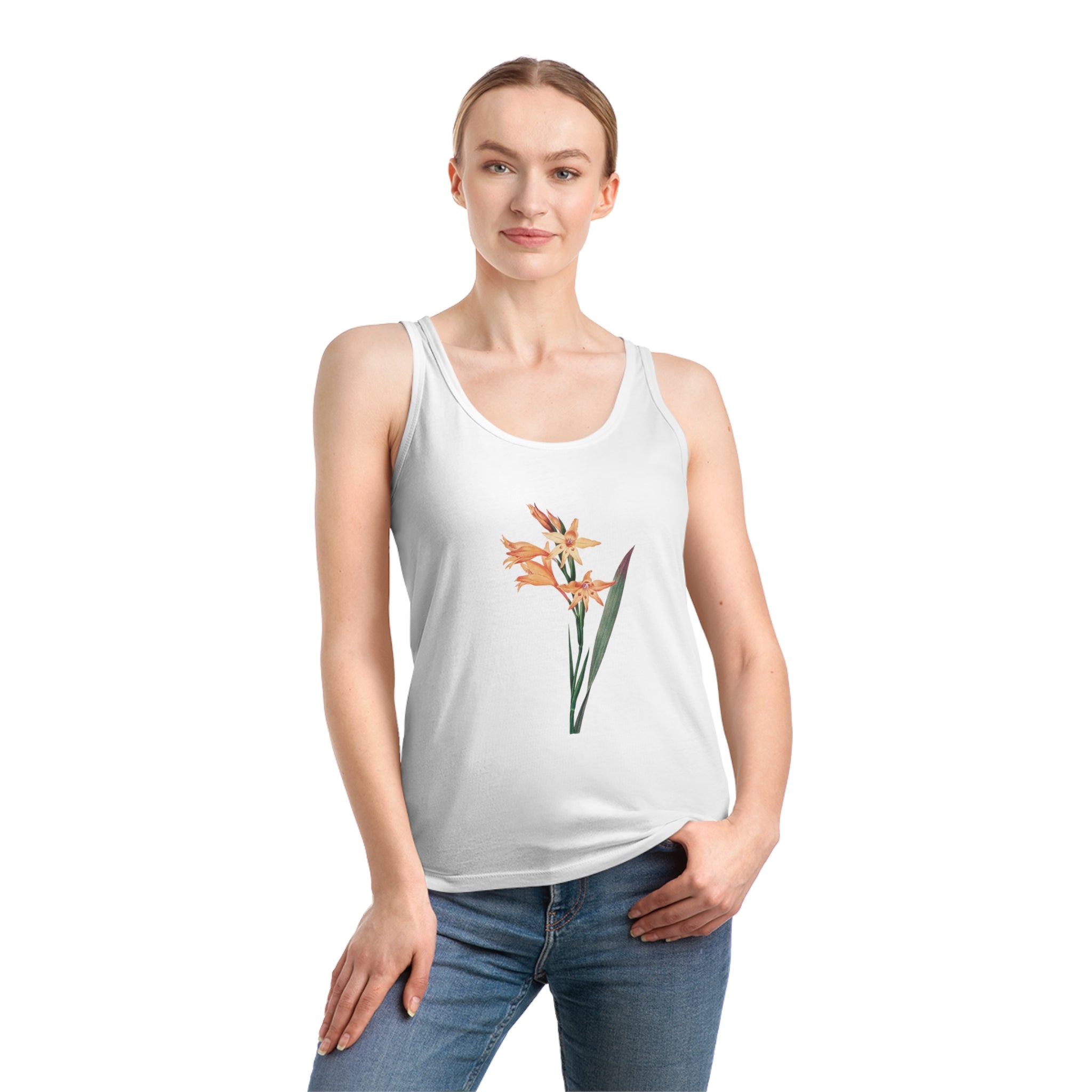 A person wearing the Flowers Tank Top, a lightweight and breathable white garment adorned with an orange floral print and made from organic cotton, stands against a plain background.