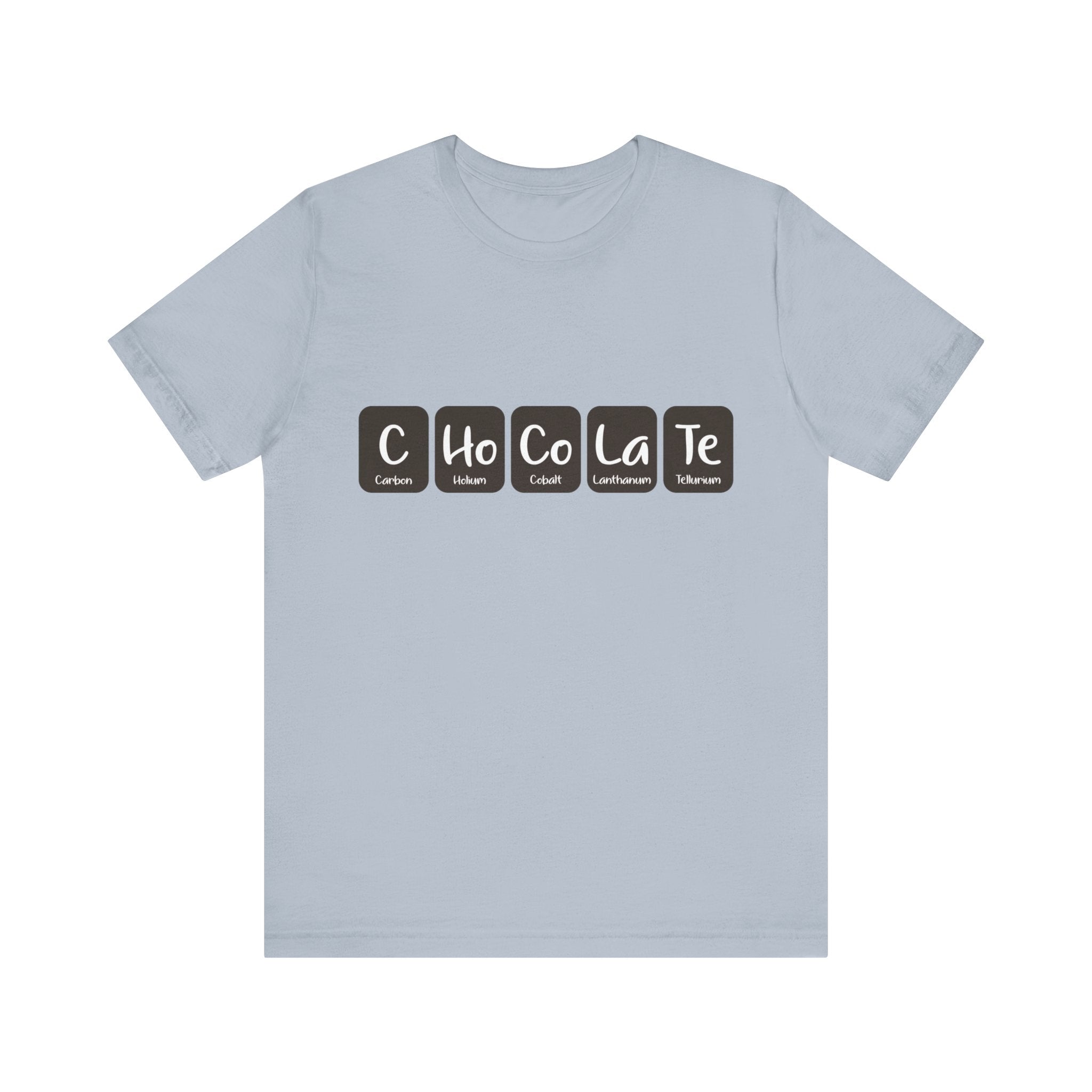 Light gray C-Ho-Co-La-Te - T-Shirt made from 100% Airlume cotton, featuring "CHoCoLaTe" split into squares that resemble elements from the periodic table.