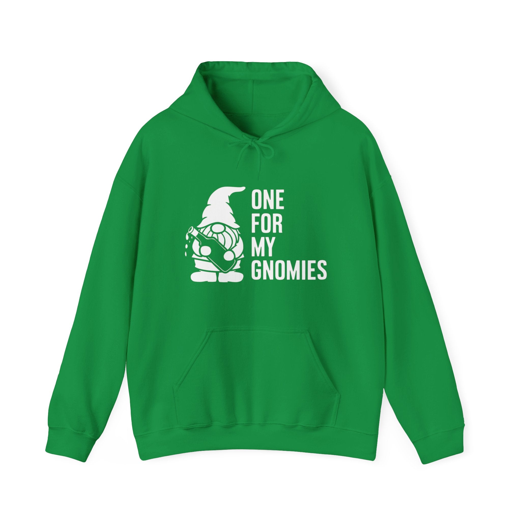 A One For My Gnomies - Hooded Sweatshirt featuring a graphic of a gnome and the text "One for my gnomies" printed in white on the front, crafted from a heavy blend for ultimate comfort.