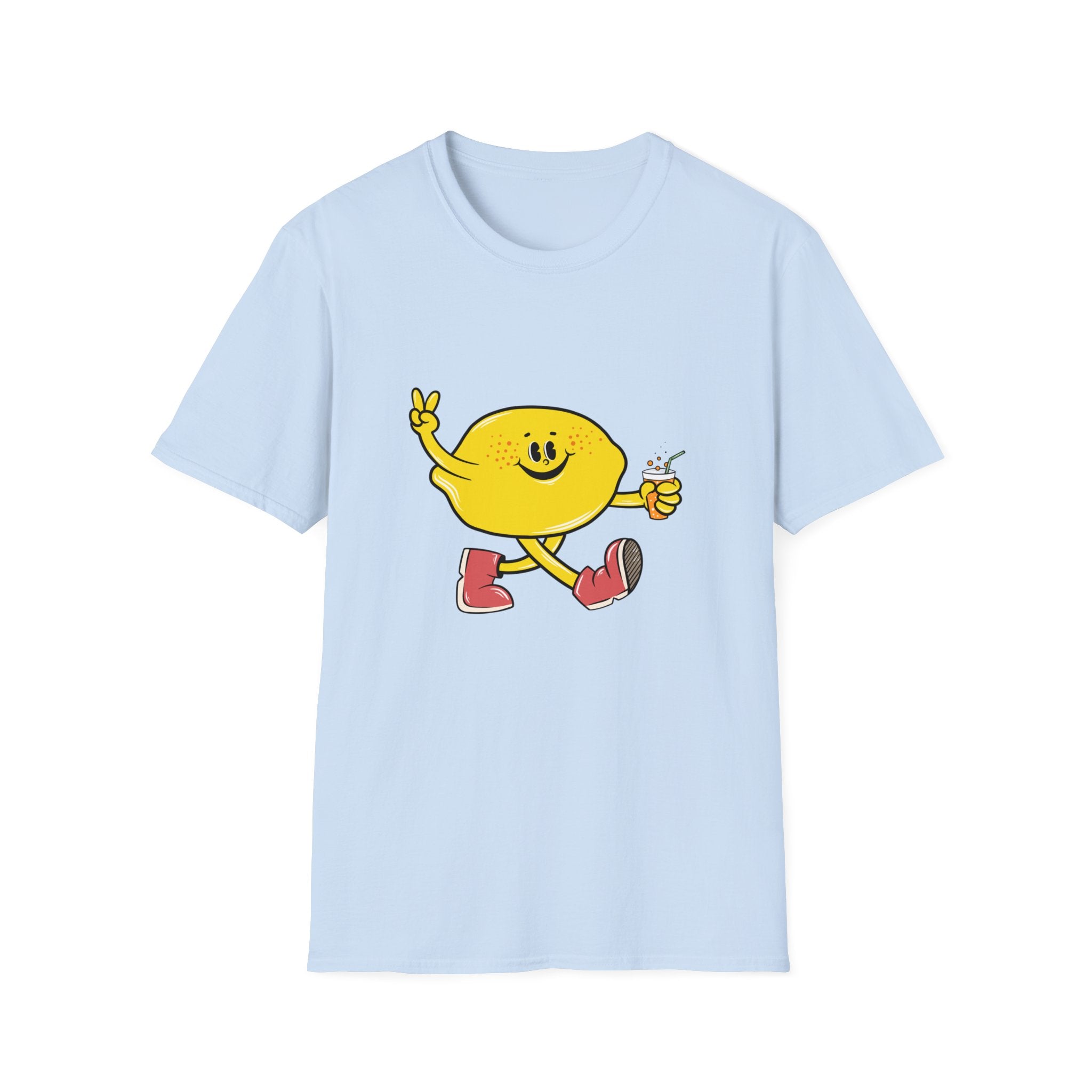 Light blue "Cartoon Lemon" t-shirt showcasing a lemon character in red boots, holding a drink and making a peace sign with its other hand.