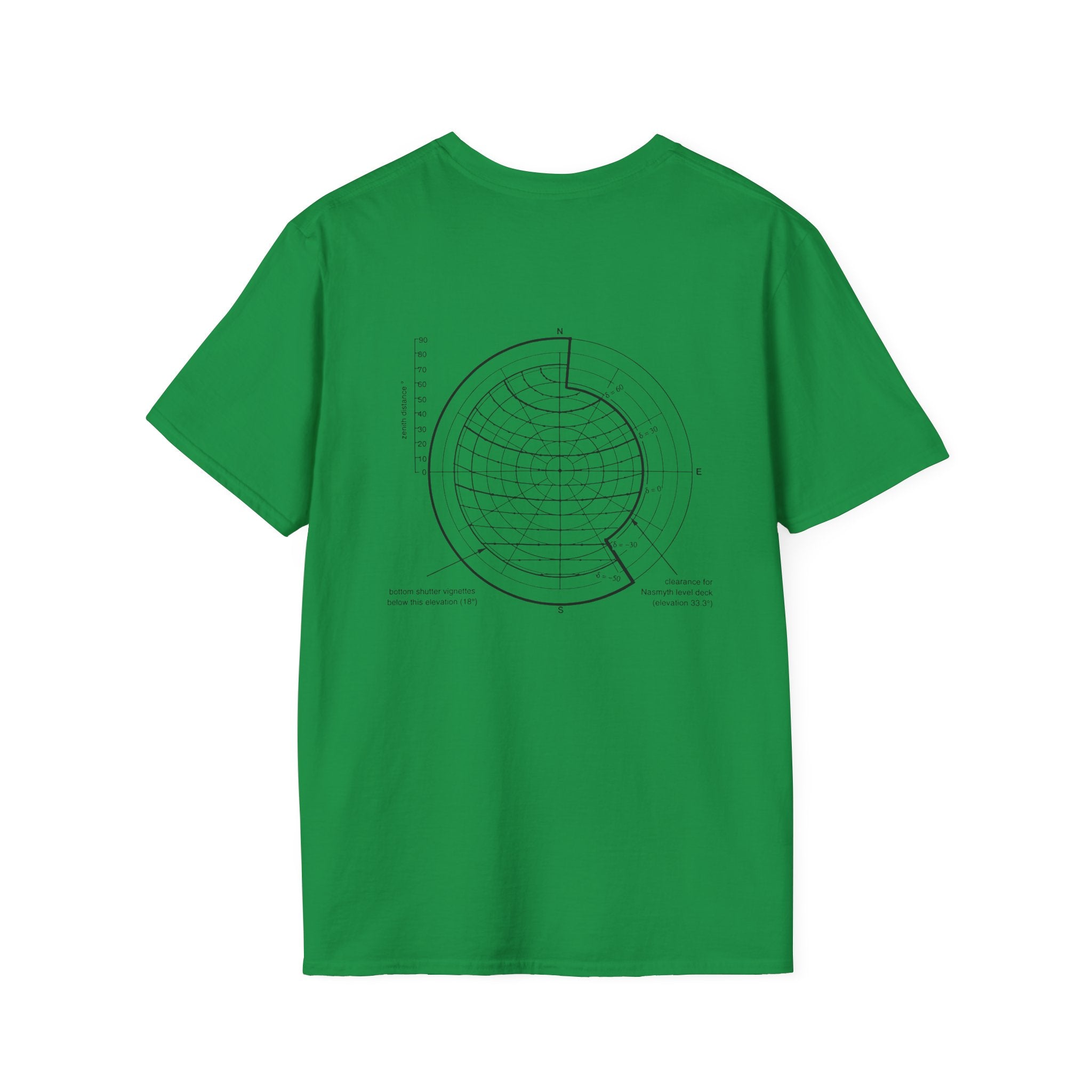 The Spherical Angles T-Shirt, made from soft cotton, showcases a black circular technical diagram on the back. This unique design blends comfort with an inspiration drawn from spherical angles and is available in various sizes.