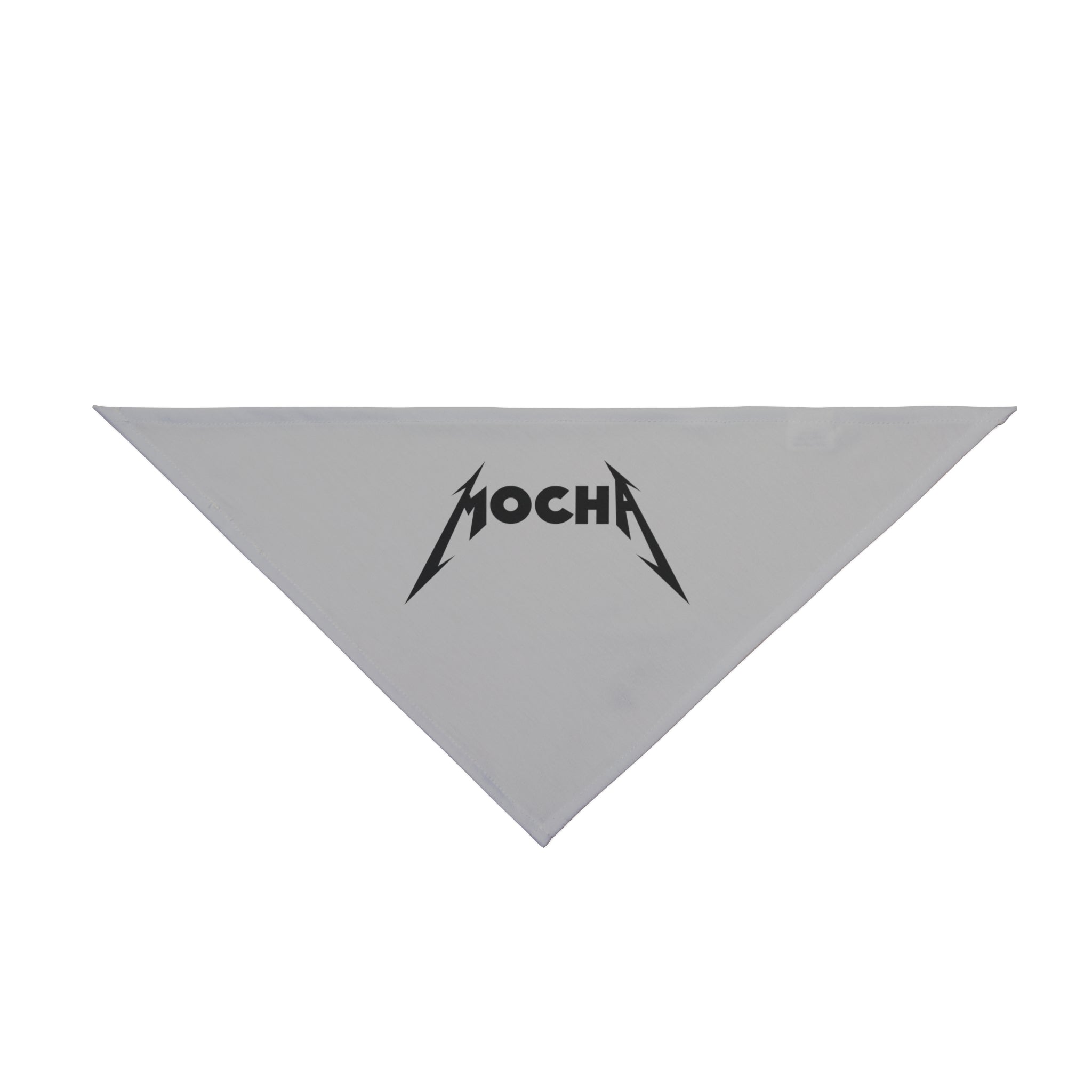 A triangular white pet bandana with the word "MOCHA" printed in a Metallica-like font, crafted from soft-spun polyester for ultimate comfort.