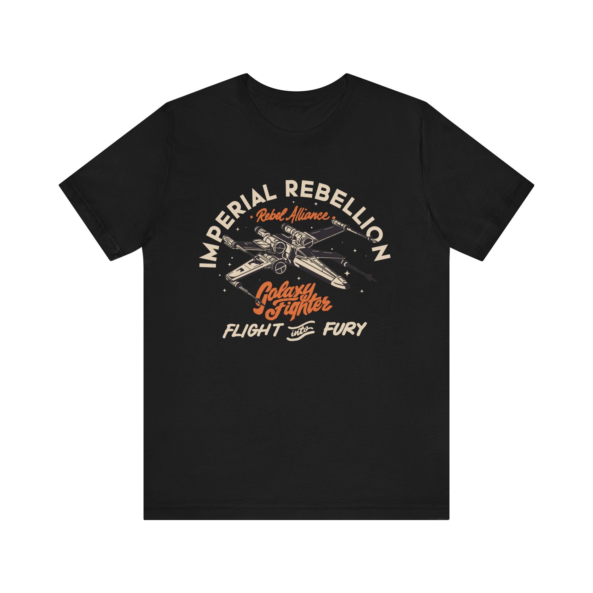 Imperial Rebel T-Shirt crafted from soft cotton, featuring a graphic design with text "imperial rebellion," "rebel alliance," and "galaxy fighter flight fury," with crossed lightsabers.