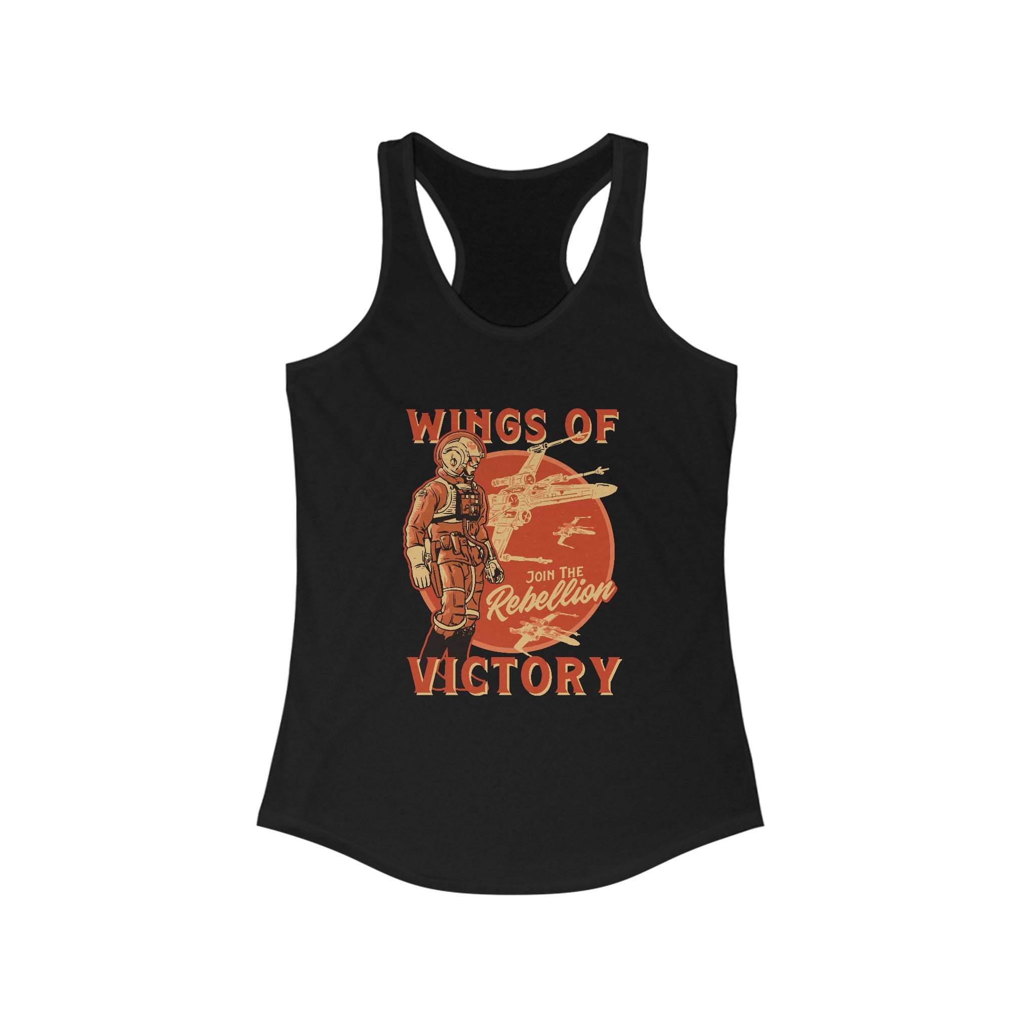 Wings of Victory - Women's Racerback Tank in black, featuring a graphic of a jetpack-wearing figure and bold text that reads, "Wings of Victory, Join the Rebellion," perfect for active living.