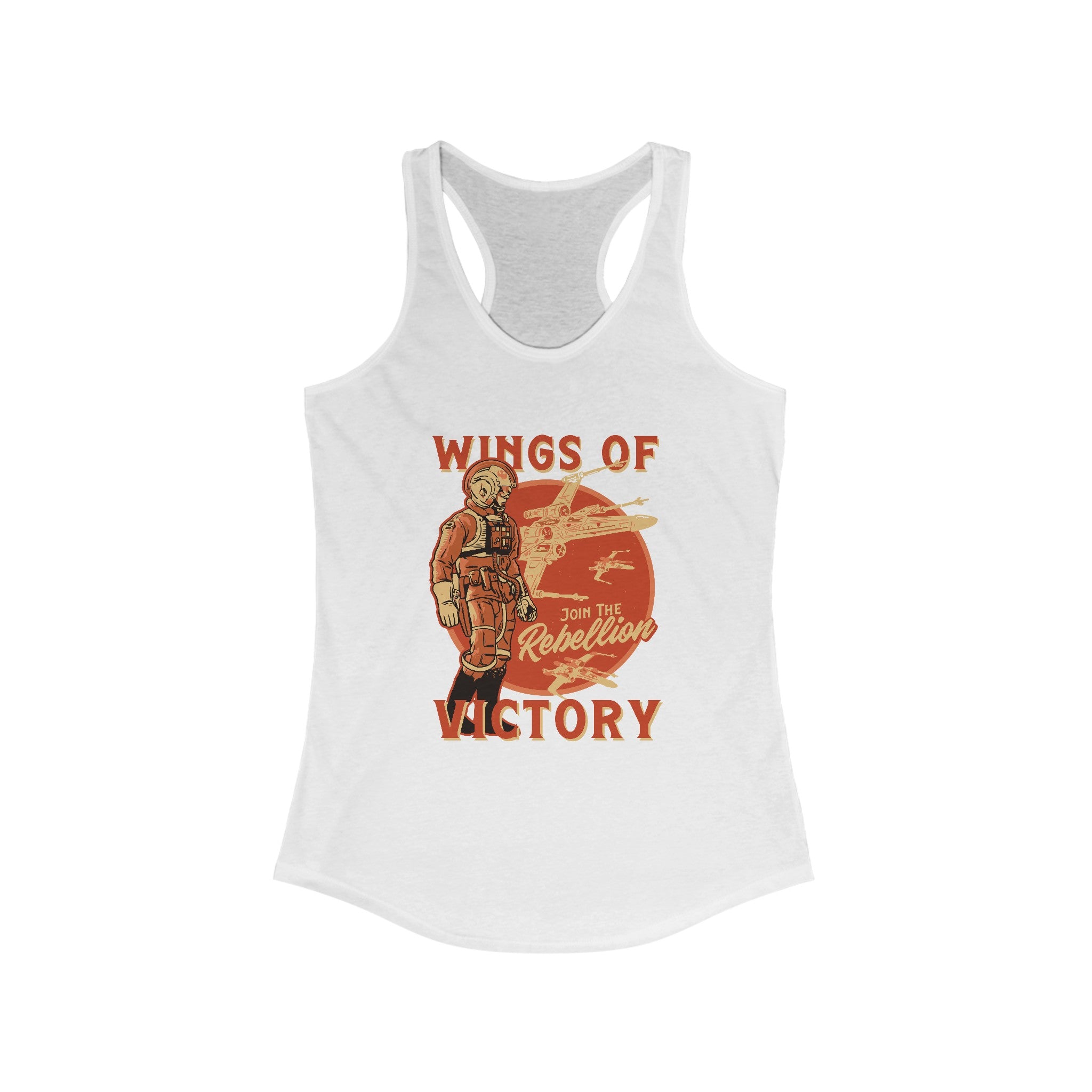Wings of Victory - Women's Racerback Tank in white, showcasing a vintage-style illustration of a pilot and the text "Wings of Victory, Join the Rebellion." Perfect for active living.