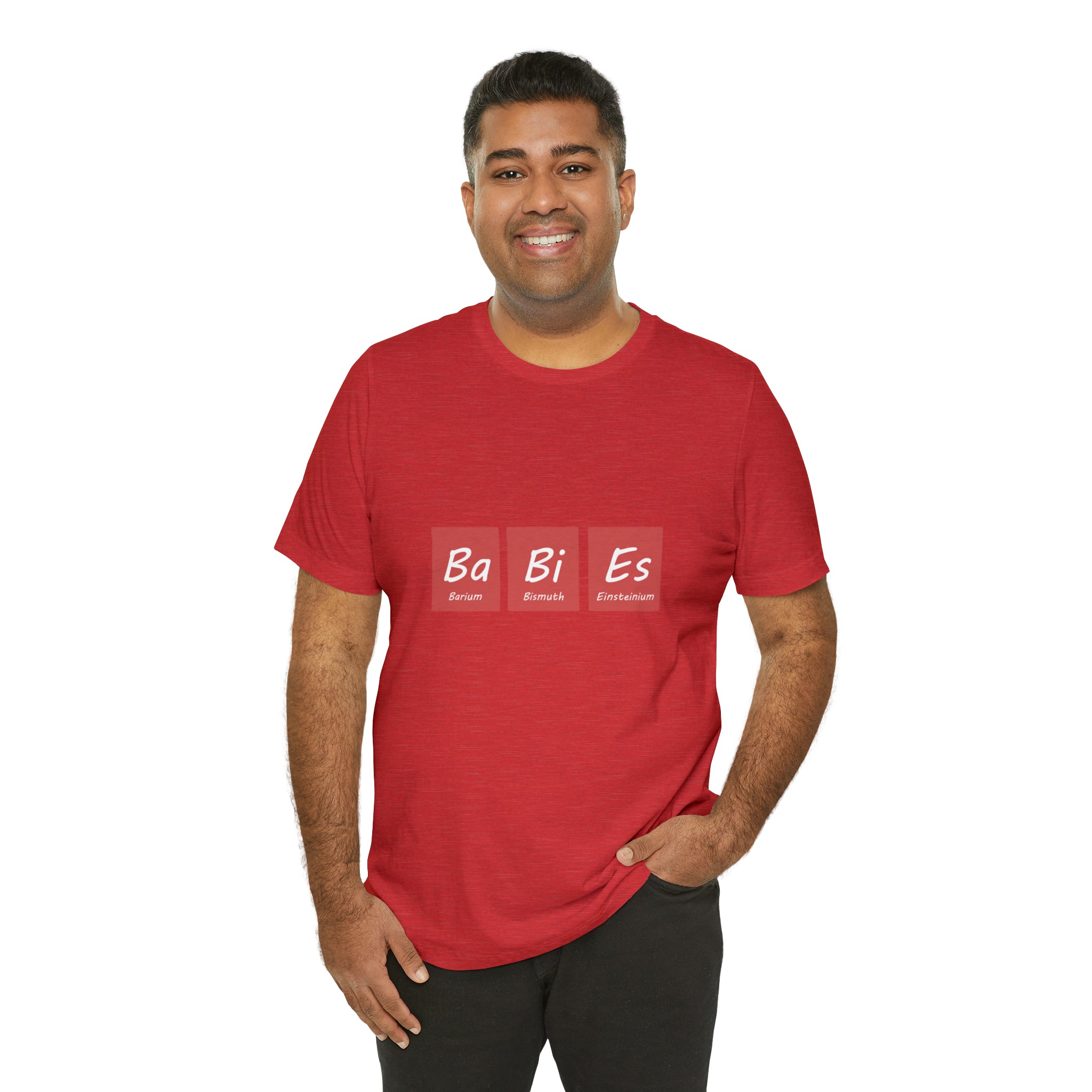 A man wearing a Ba - Bi - Es t-shirt with the word "be" on it.
