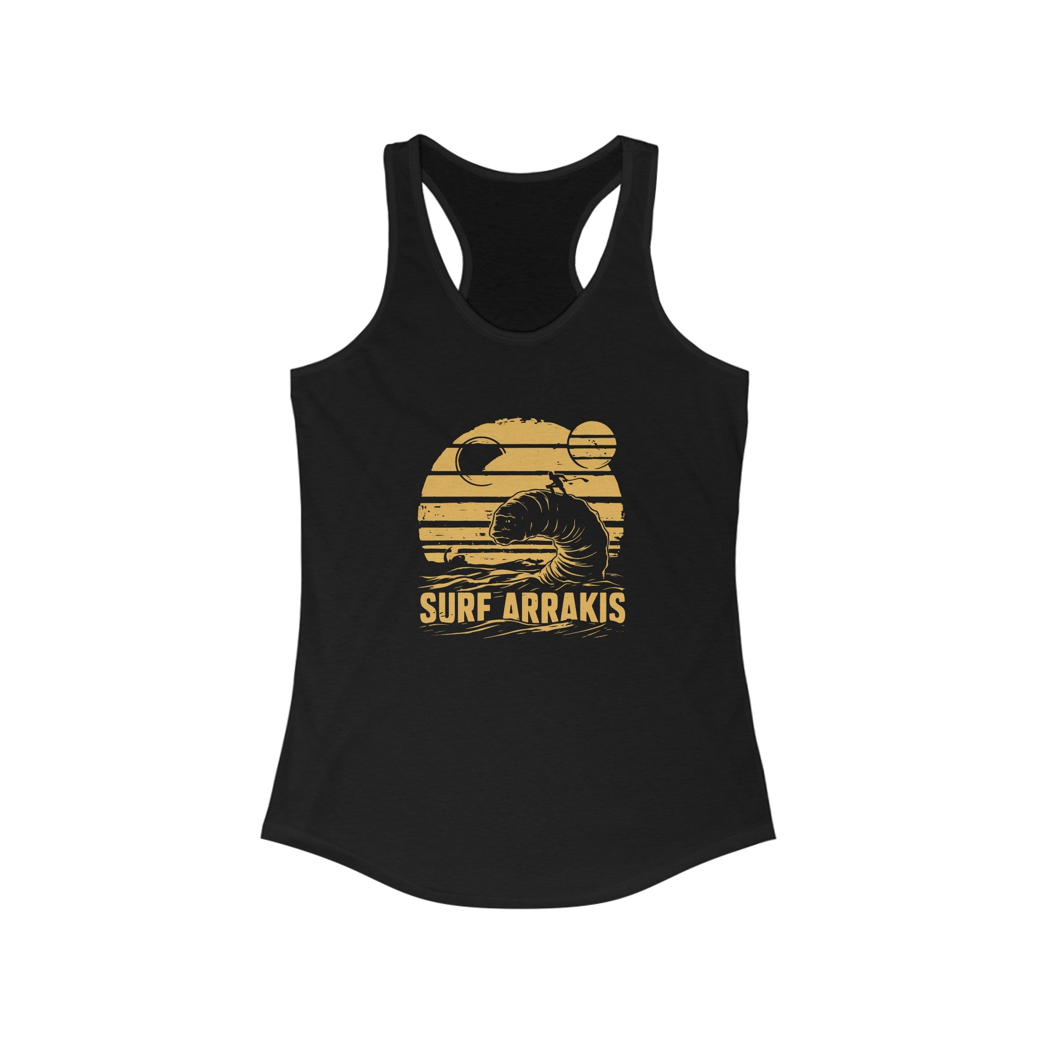 Surf Arrakis - Women's Racerback Tank with "Surf Arrakis" text and a graphic of a sand dune and large creature emerging from it, perfect for an active lifestyle.