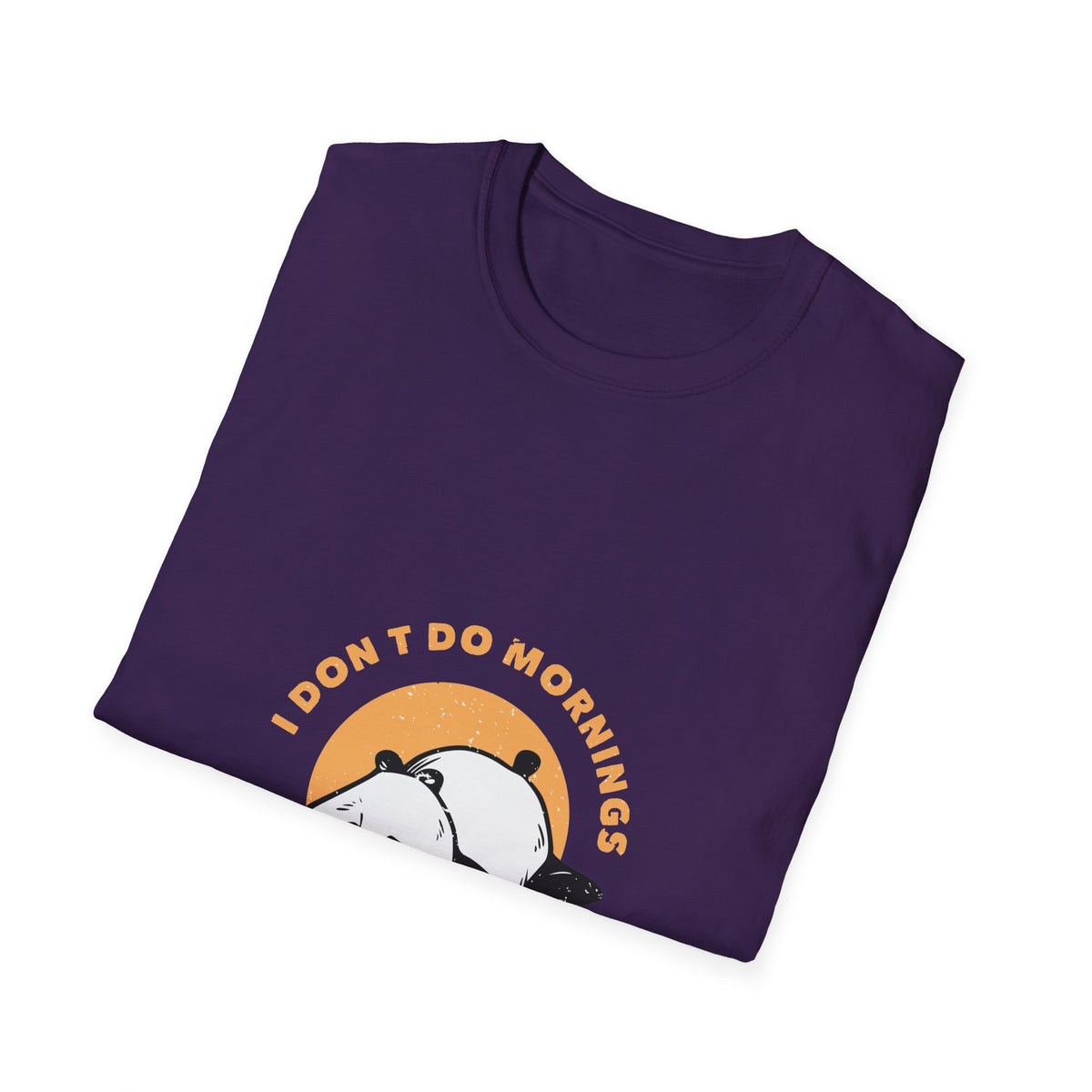'I Don't Do Mornings' sleepy panda print folded on deep purple t-shirt, funny sunrise graphic gift