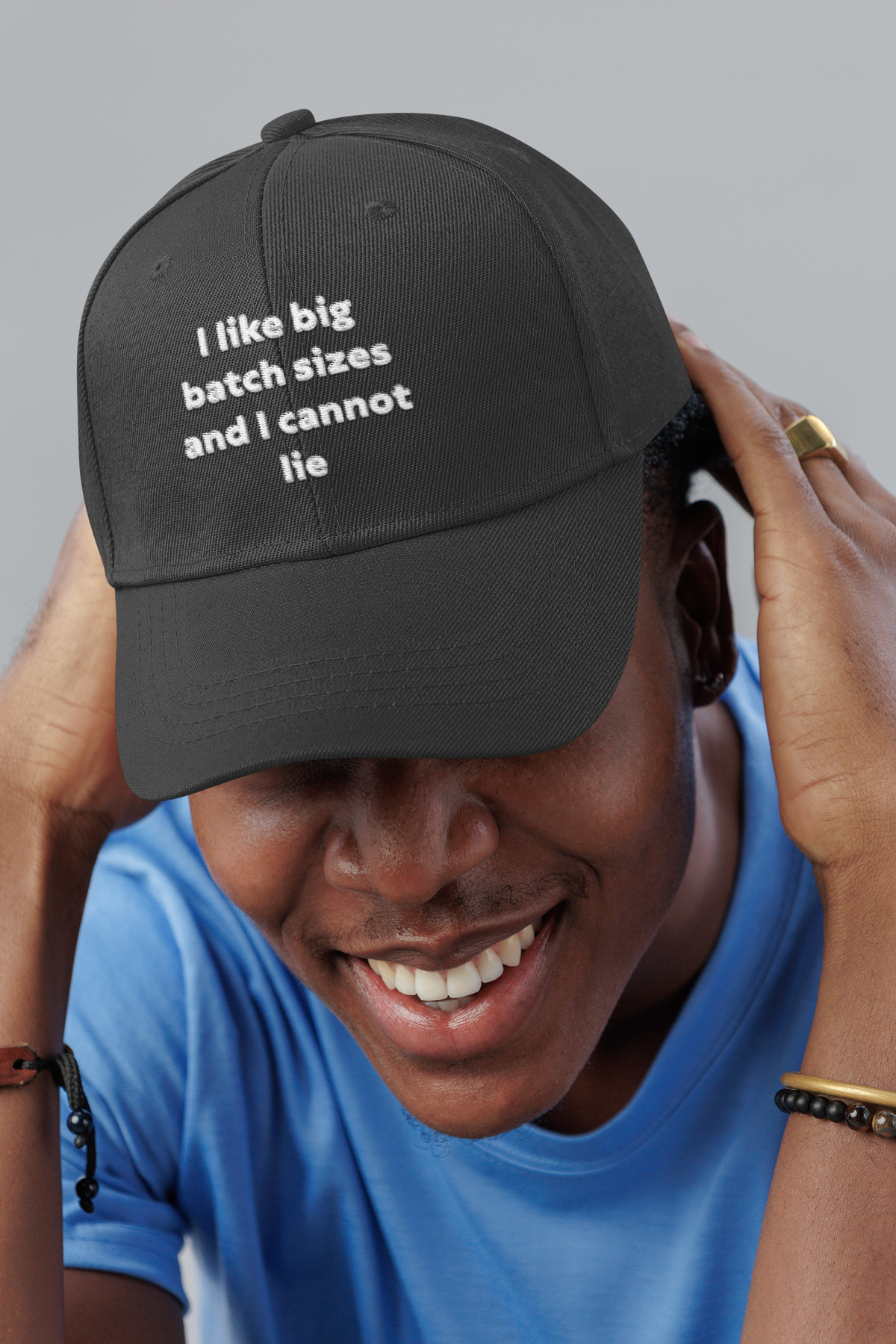 I Like Big Batch Sizes ML humor dad hat, smiling man in a studio, lifestyle mockup, Geekpsters