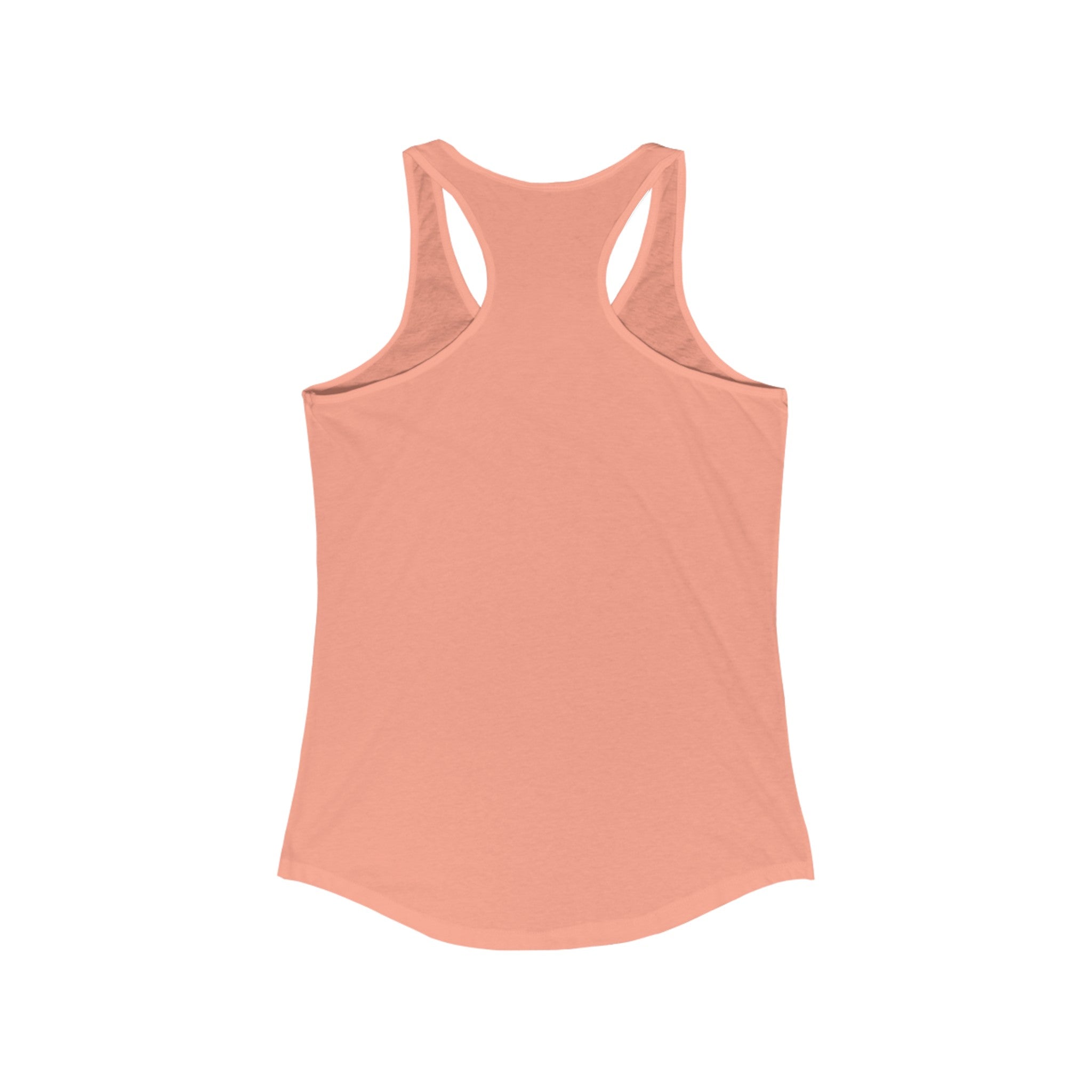 The back view of the No Ticket No Support - Women's Racerback Tank showcases its light coral color and sporty design. It features a scoop neckline and a slightly curved hem, making it ideal for active living.