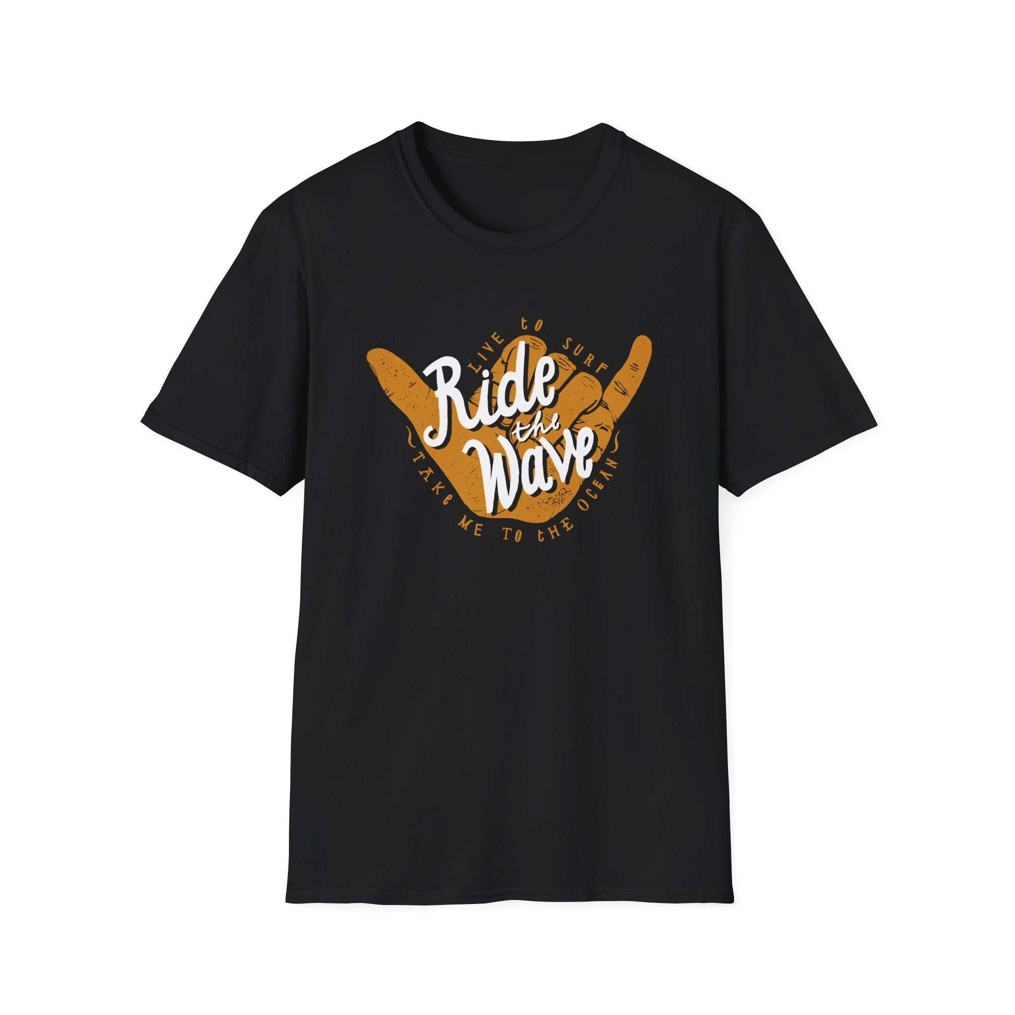 The Ride the Wave T-Shirt is a black cotton tee showcasing a graphic of a hand making a shaka sign, accompanied by the phrase "Ride the Wave, Take Me to the Ocean." Ideal for anyone embracing the "surf's up" lifestyle and longing for ocean breezes.