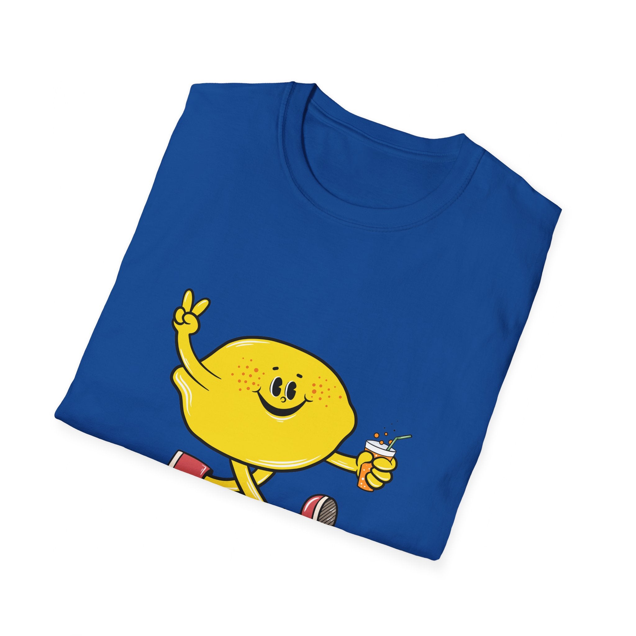 Cartoon Lemon t-shirt in blue, showcasing a cheerful, anthropomorphic lemon holding a drink and making a peace sign.