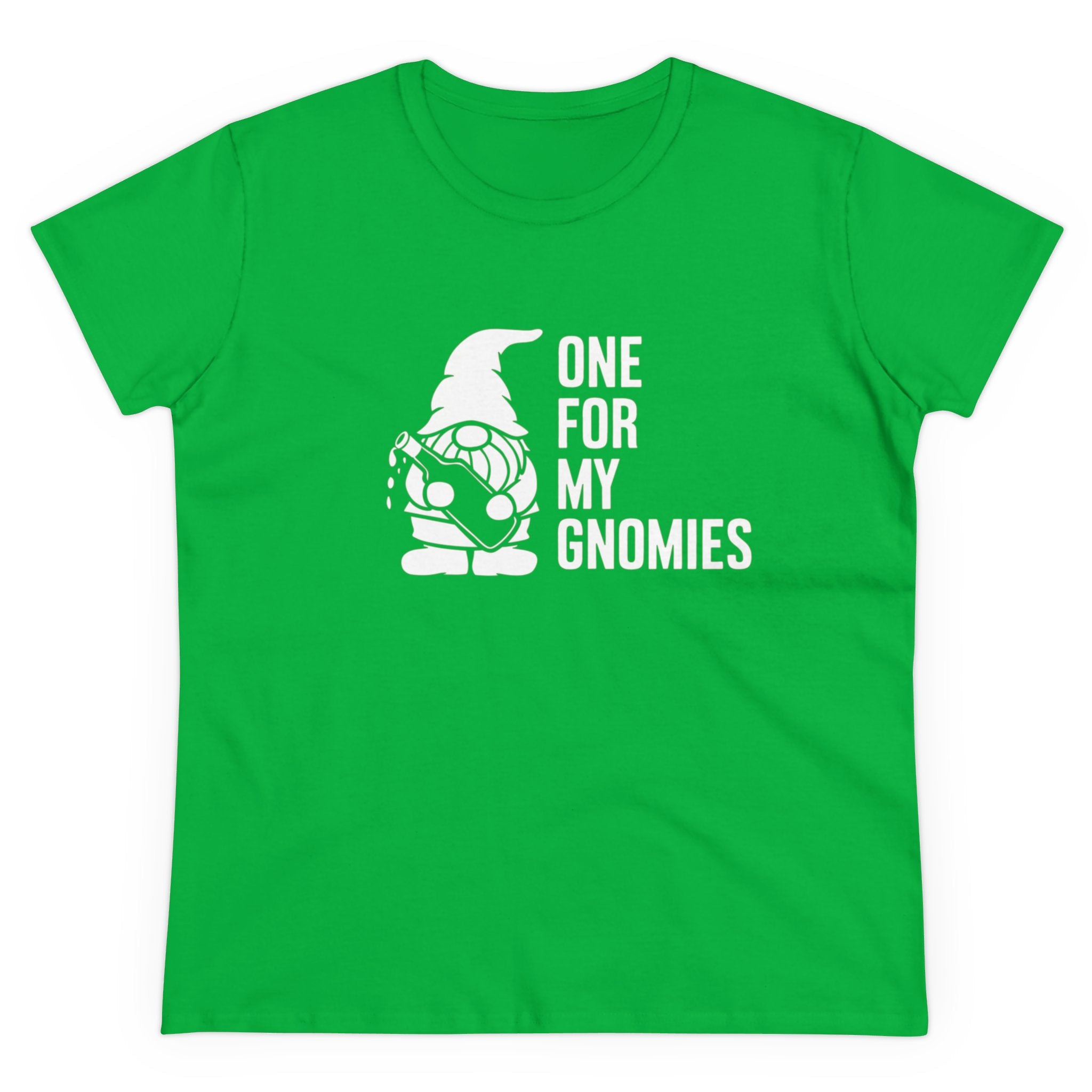A pre-shrunk cotton green t-shirt featuring a graphic of a gnome holding a beer mug and the text "One for my gnomies," this One For My Gnomies - Women's Tee combines style and comfort seamlessly.