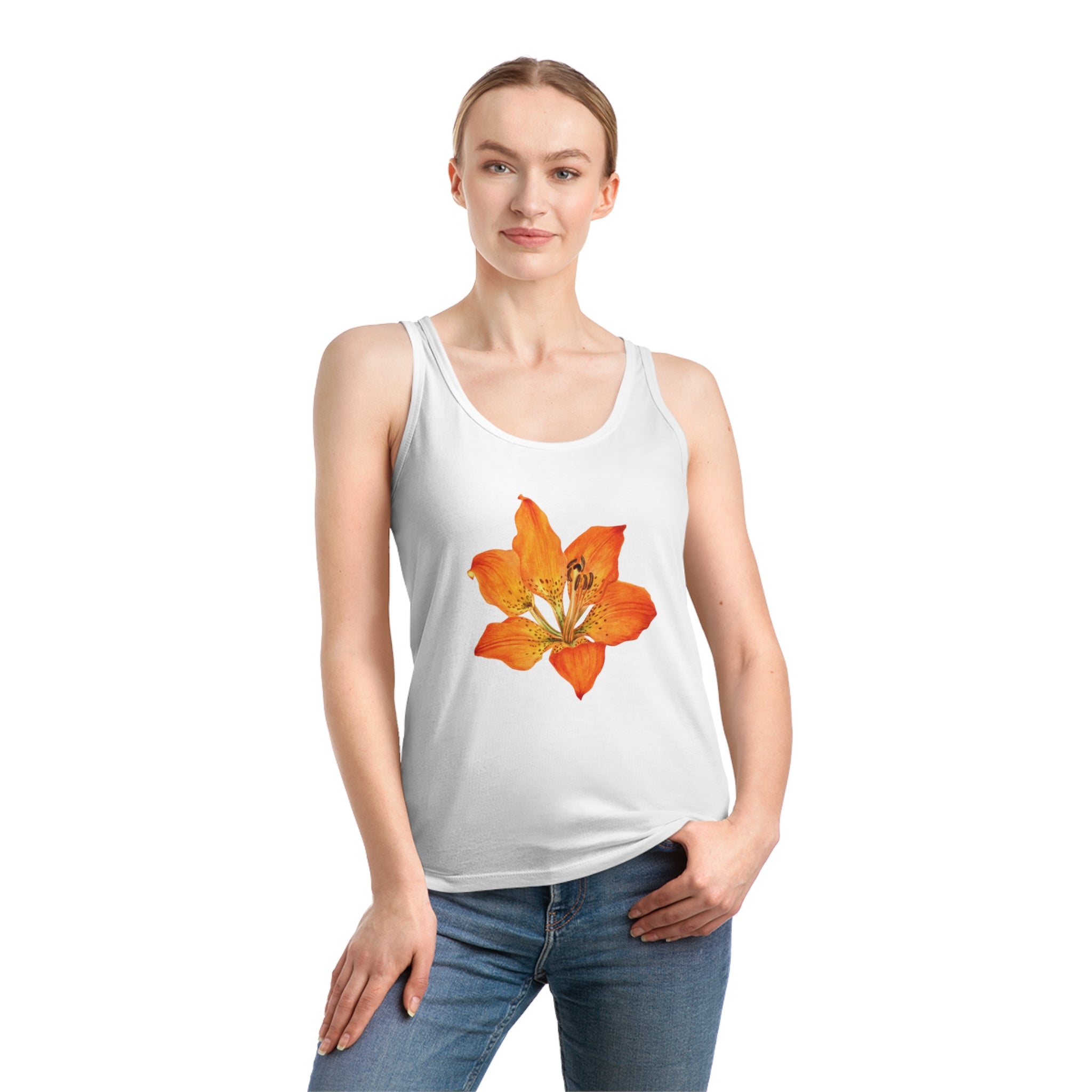 A person is wearing the Flower Boom Tank Top, a trendy item crafted from organic cotton. It boasts a striking floral pattern with a prominent orange flower design that pops against its simple backdrop.