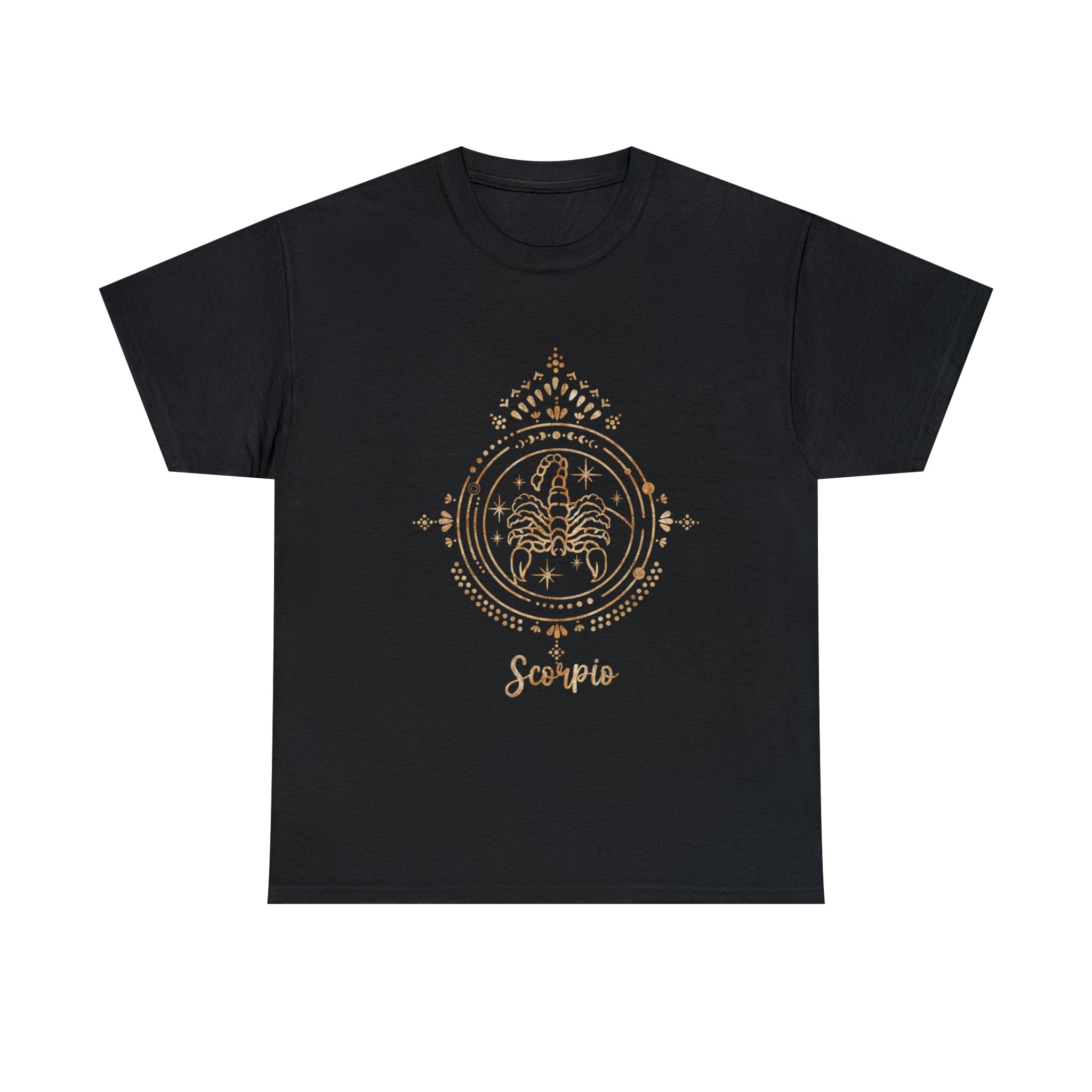 A passionate Scorpio T-Shirt with a gold design on it.