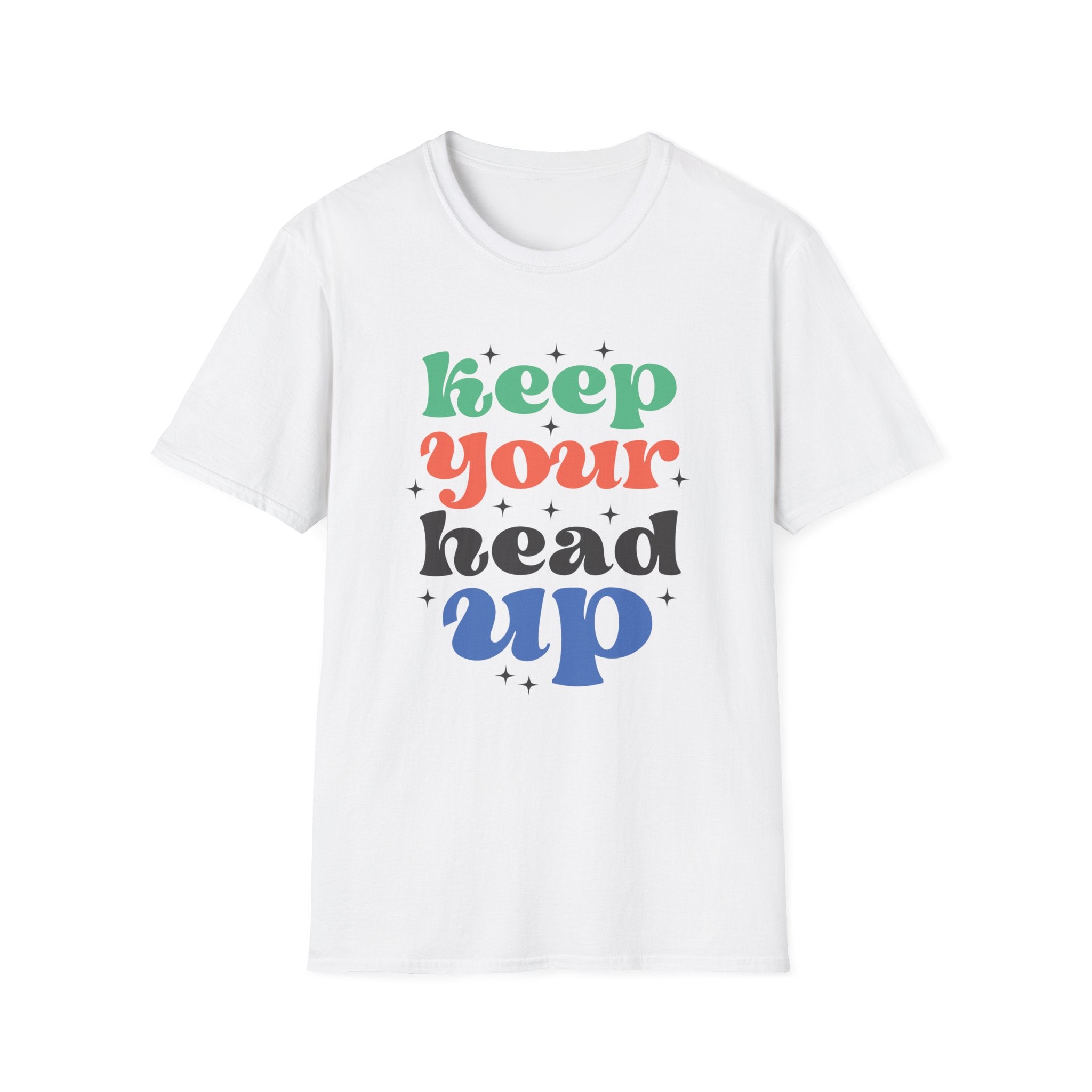 The Keep Your Head Up T-Shirt showcases a colorful "keep your head up" text on the front, spreading an uplifting message. Crafted from comfortable fabric, it’s an ideal tee to inspire positivity throughout your day.