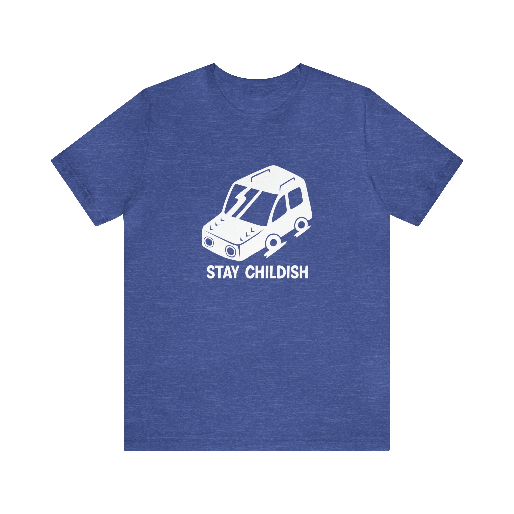 A blue Stay Childish T-Shirt.