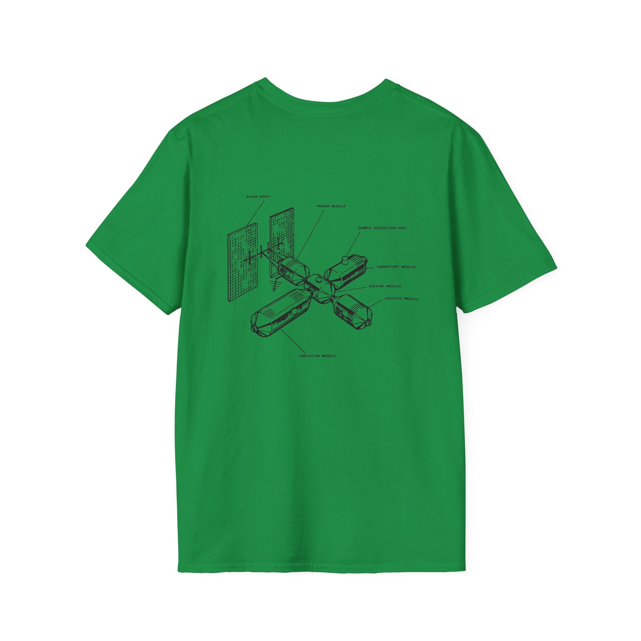 The Space Station T-Shirt is a green tee that boasts a detailed diagram of a space station on the back, ideal for space exploration enthusiasts.