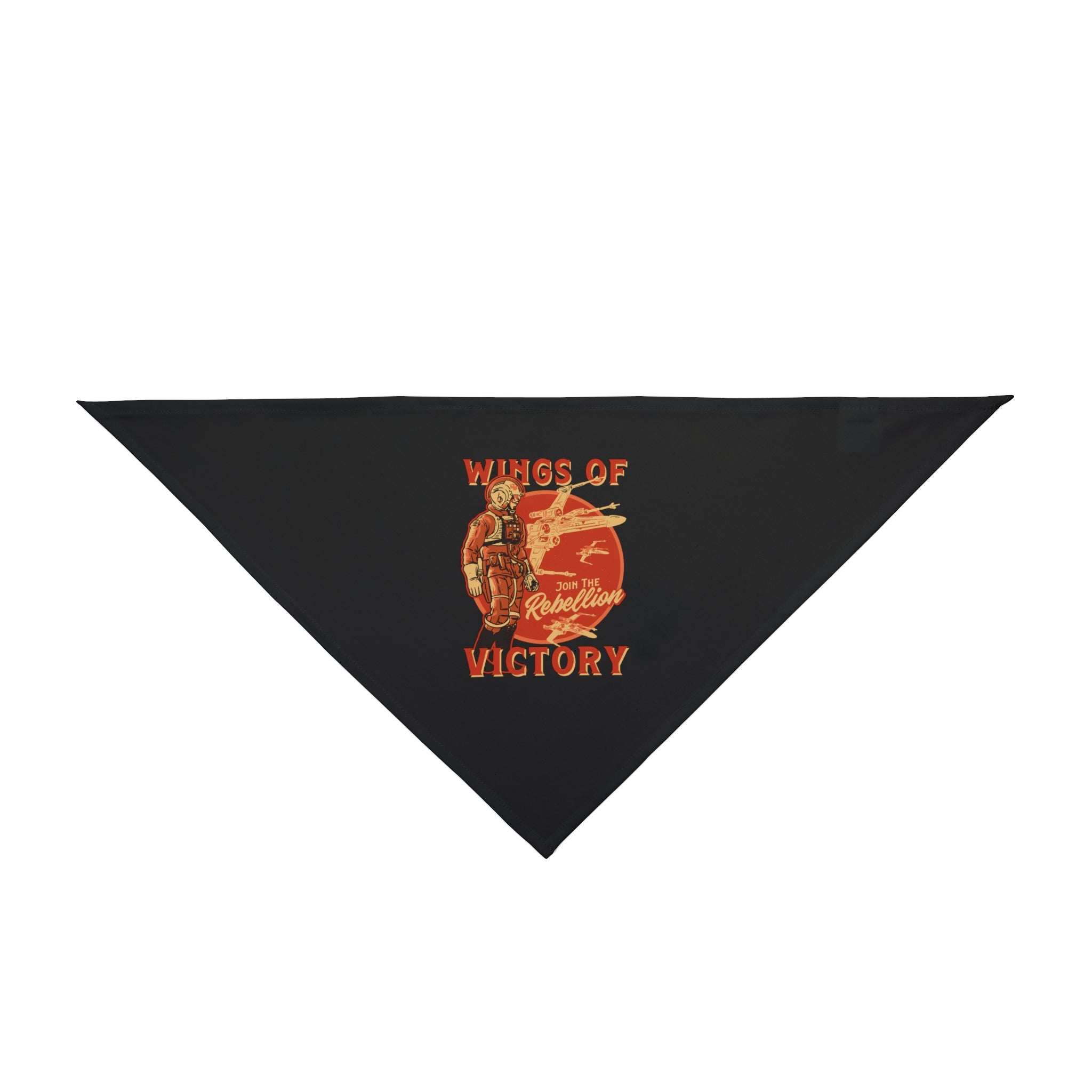 A black triangular bandana made from soft-spun polyester features a graphic of an astronaut with "Wings of Rebellion" and "Victory" text in red and orange, designed to ensure pet comfort. This Wings of Victory - Pet Bandana is perfect for your adventurous companion.
