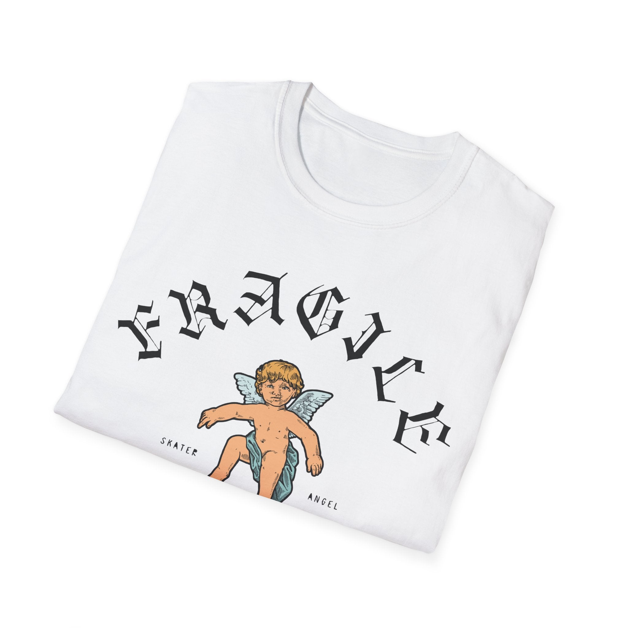 Relaxed fit white T-shirt called "Skater Angel" featuring a cherub graphic with the word "FRAGILE" in stylized letters and an angel skating beside it.