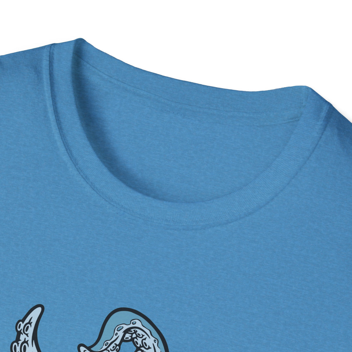 'Octopus Comes Out of the Bag' t-shirt in heather sapphire, close-up of neckline, hiking gift idea