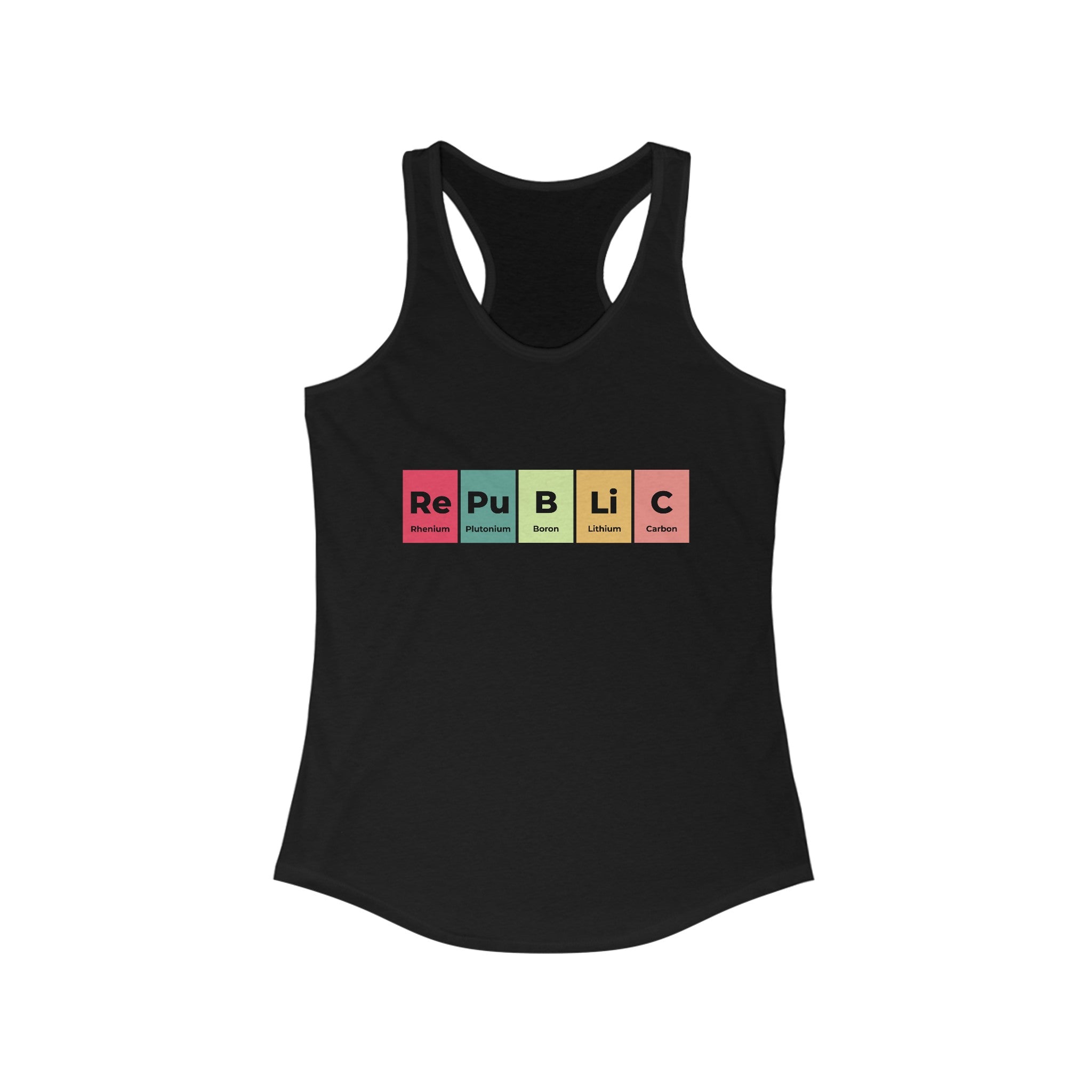 Lightweight black Republic - Women's Racerback Tank featuring the term "Republic" spelled out using colorful blocks styled like elements from the periodic table, perfect for your fitness journey.