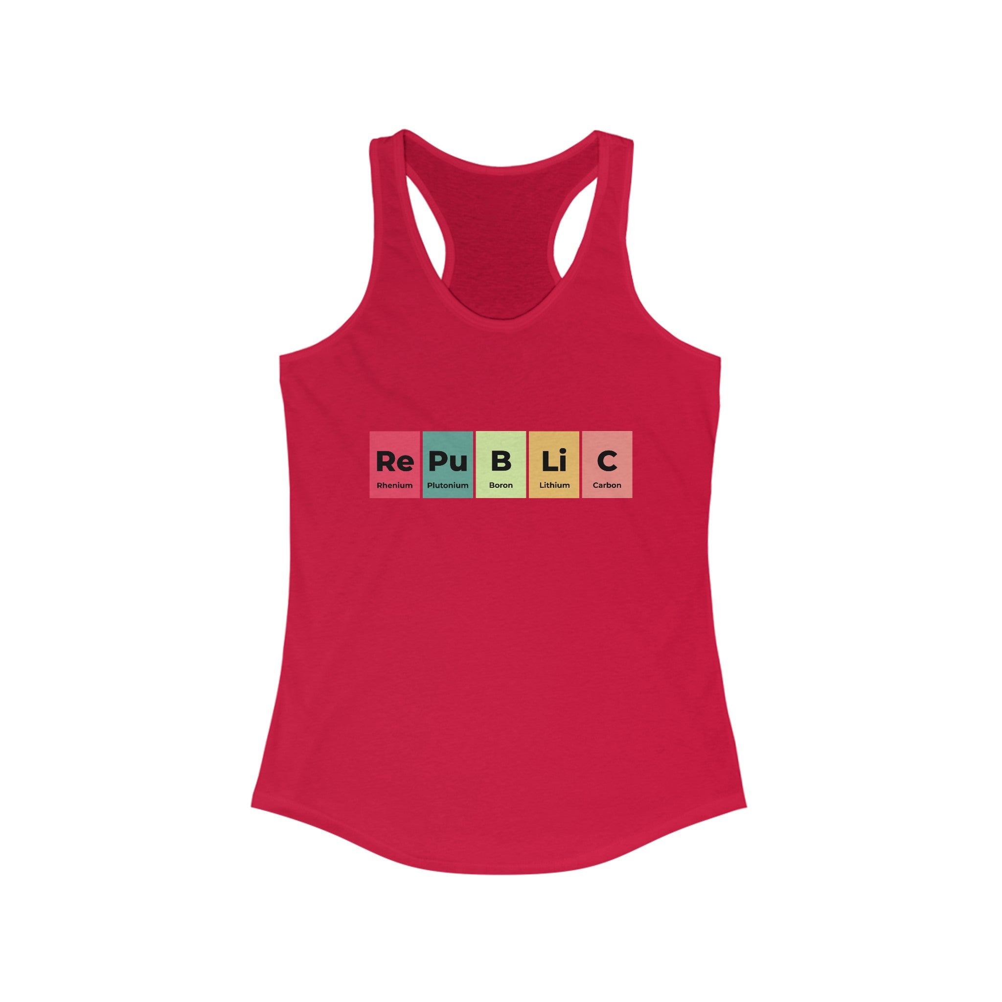 This ultra-lightweight Republic - Women's Racerback Tank features the word "Republic" cleverly spelled out using elements from the periodic table, perfect for your fitness journey.