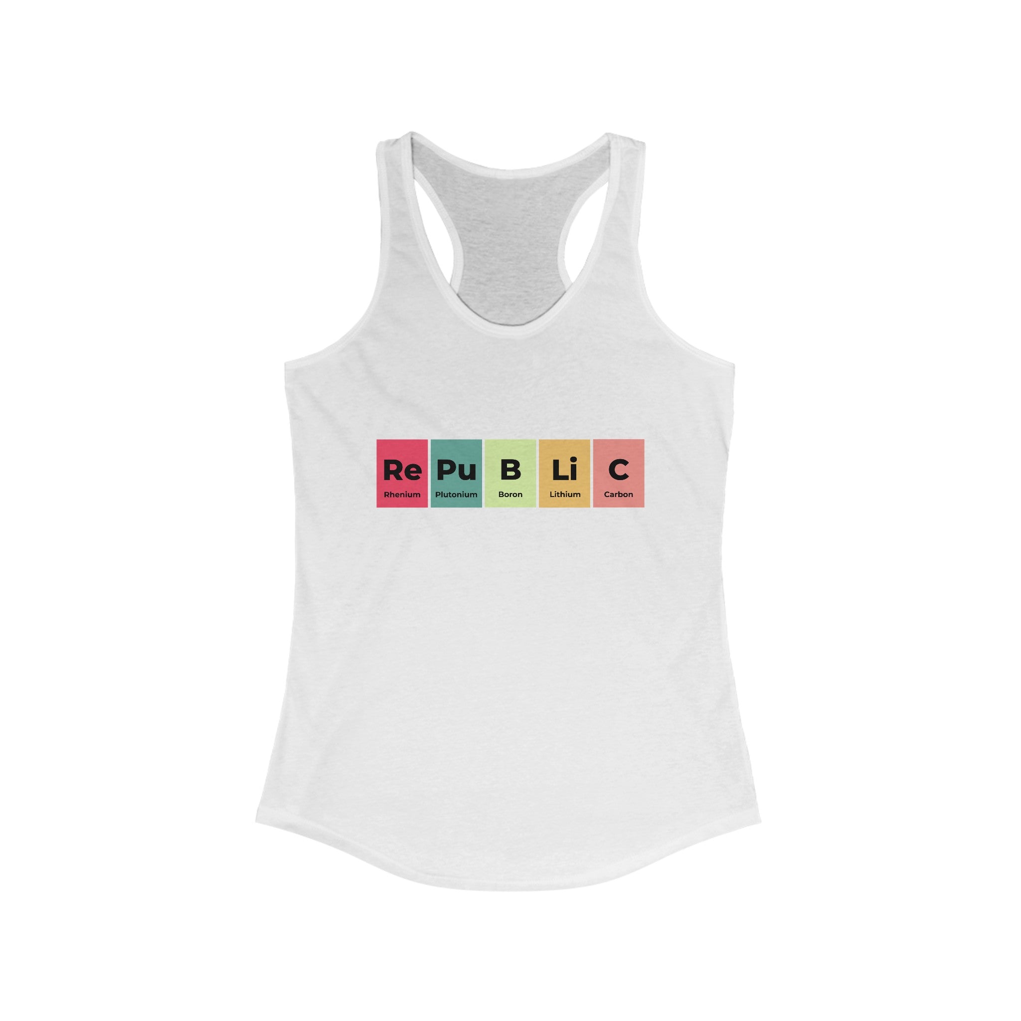 Republic - Women's Racerback Tank featuring the word "Republic" spelled out using elements of the periodic table placed on colored squares, perfect for your fitness journey.