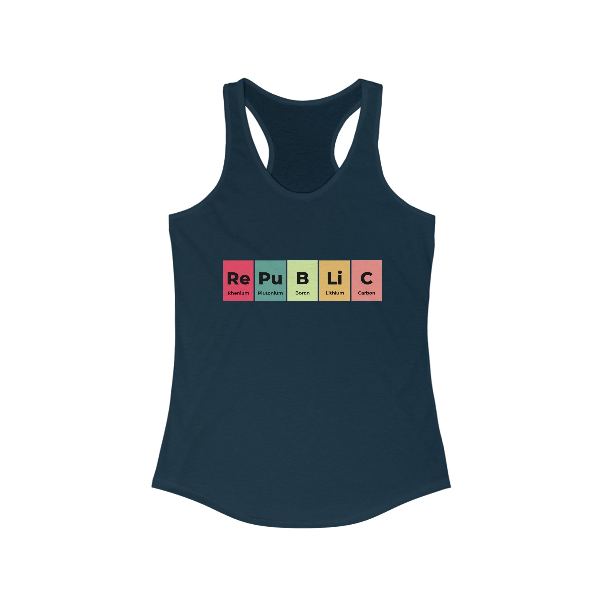 A navy blue Republic - Women's Racerback Tank featuring a design that spells "Republic" using periodic table elements with the abbreviations Re, Pu, B, Li, and C. This ultra-lightweight top is perfect for your fitness journey.