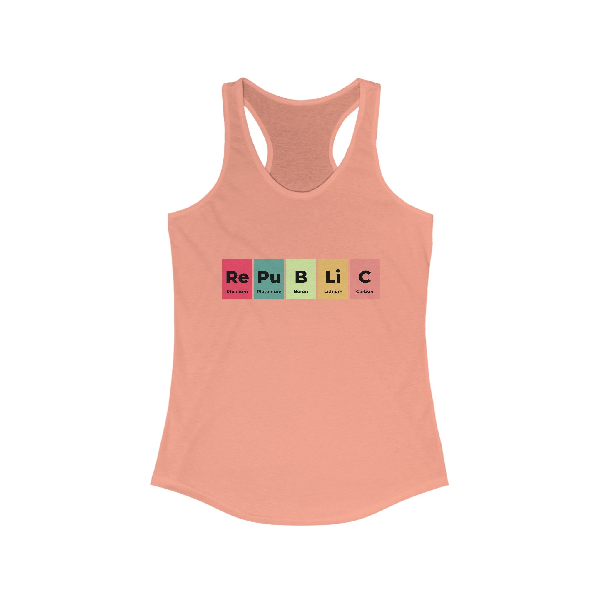 Republic - Women's Racerback Tank: Peach-colored Women's Racerback Tank with "RePuBLiC" written in a style mimicking the periodic table of elements, each letter in a different colored box. Ultra-lightweight and perfect for your fitness journey.
