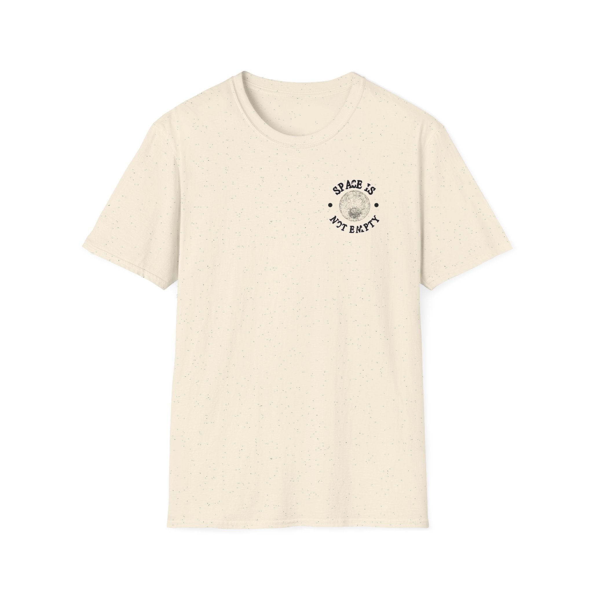 The Space Station T-Shirt is a beige shirt with a small black planet design and the phrase "Space is not empty" on the left chest area, ideal for fans of space exploration.