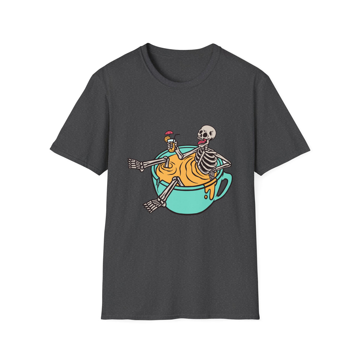 'Relaxing Skull' skeletons in a teacup t-shirt in dark heather grey, funny gift for coffee lovers