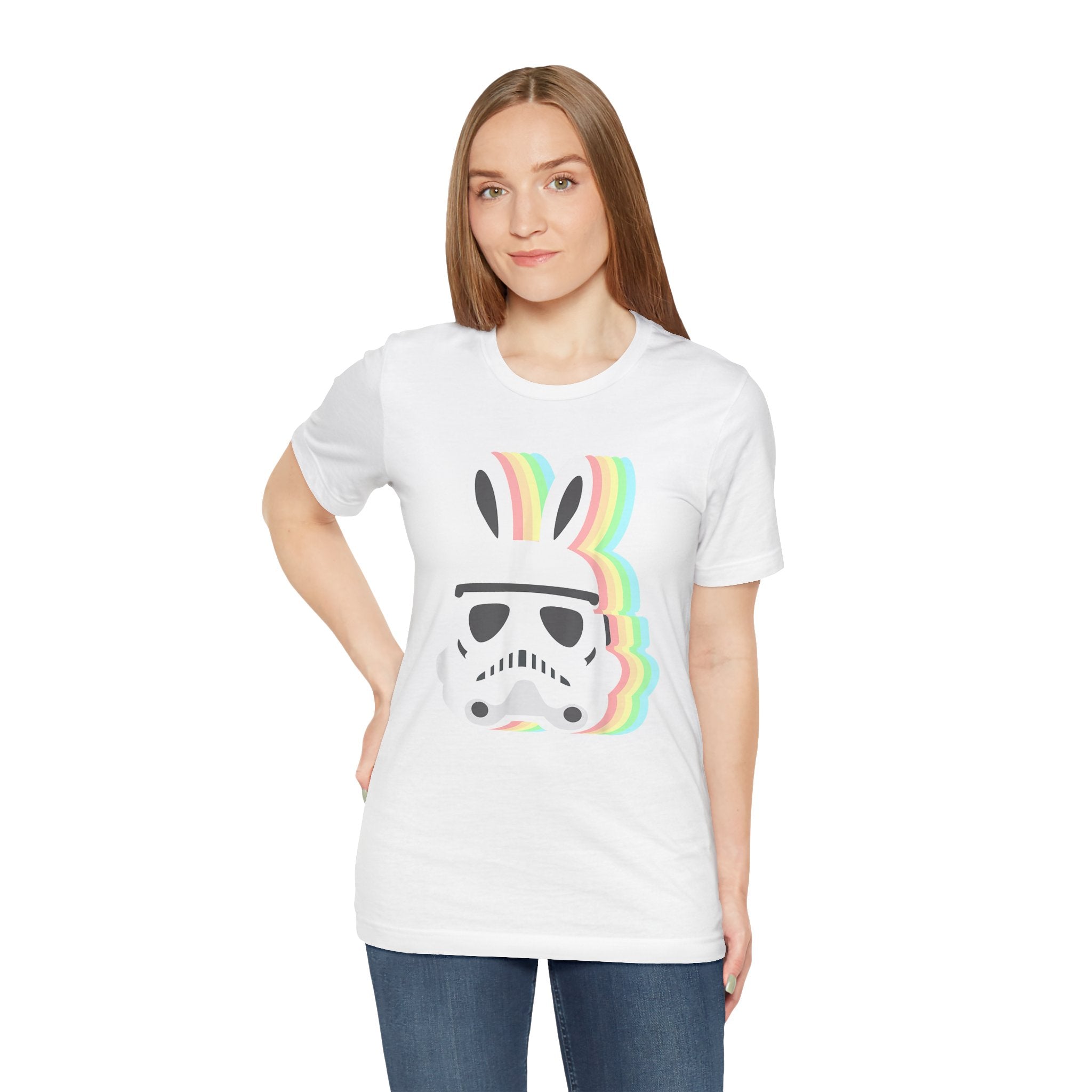 Woman in a white tee featuring a graphic of the Easter Stormtrooper Bunny.