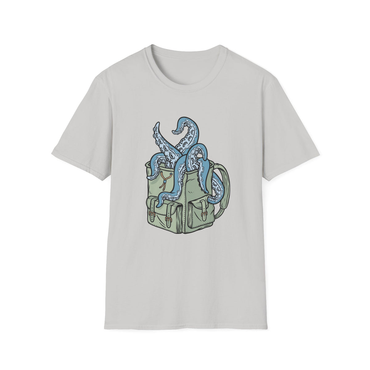 'Octopus Comes Out of the Bag' t-shirt in ice grey, flat lay front, funny gift for campers and hikers