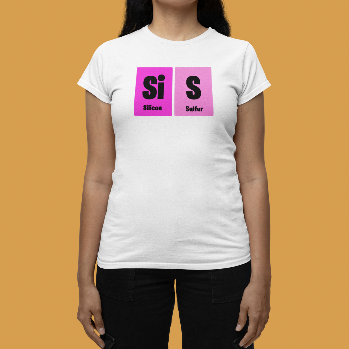 'Sis' periodic table women's tee in white, woman modeling it on orange background, funny science gift