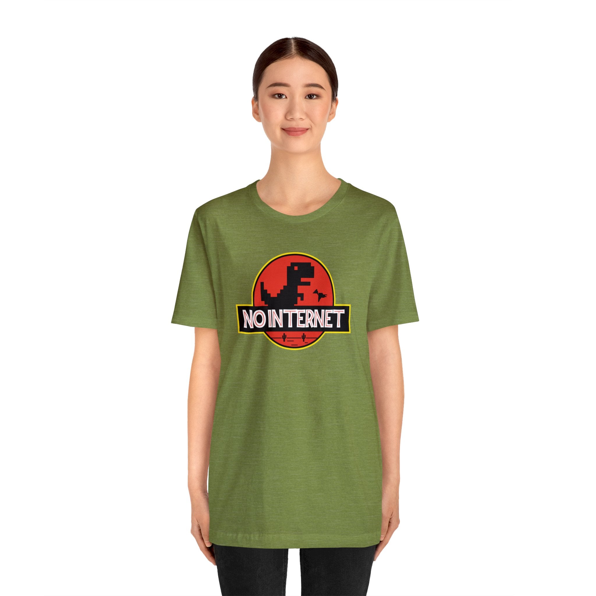 A woman wearing a No Internet T-Shirt.