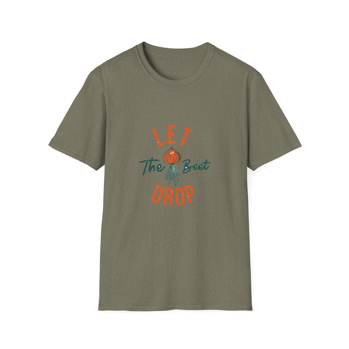 'Let the Beet Drop' funny beet pun t-shirt in heather military green, gift for vegetable lovers