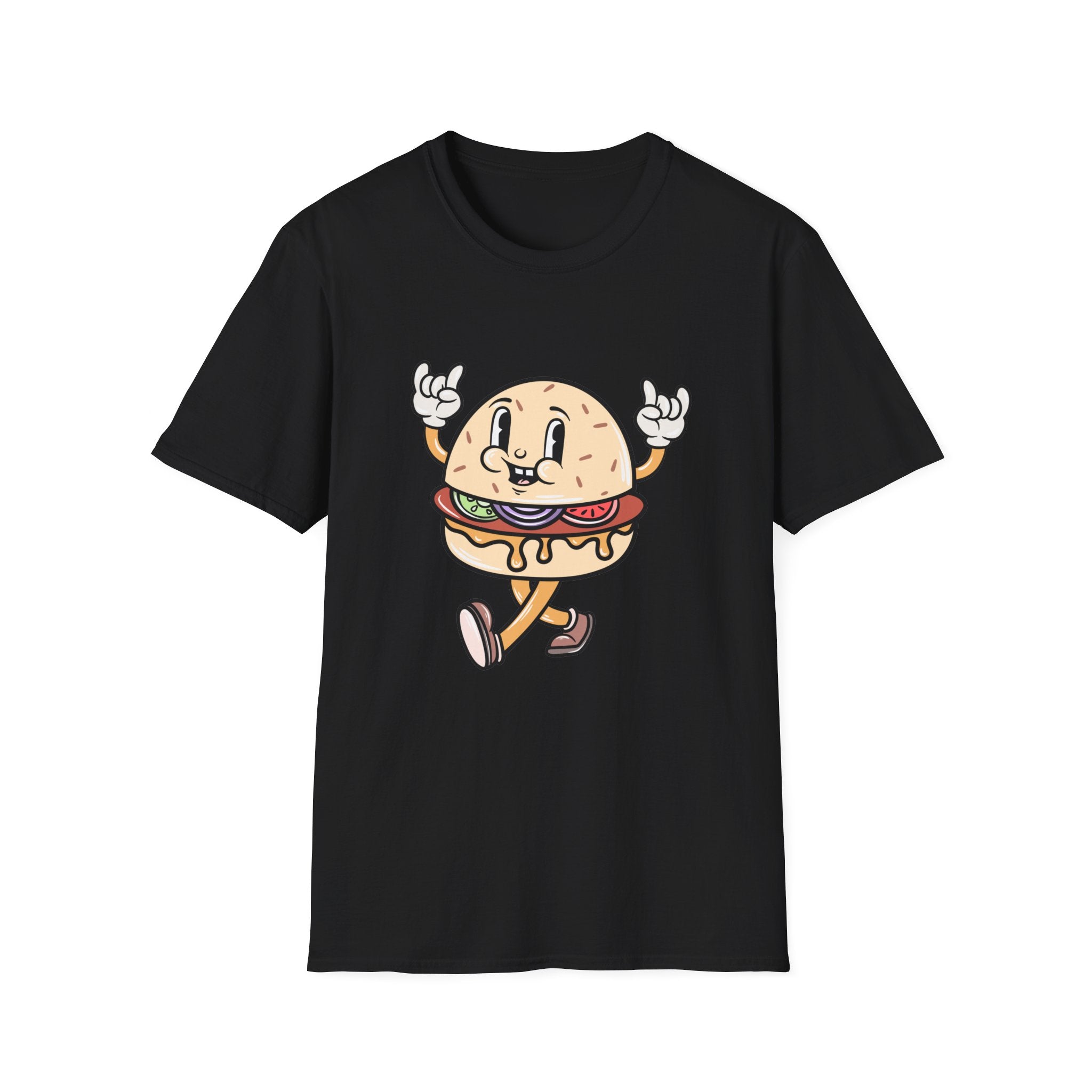 Product Name: Burger Cartoon - A black T-shirt showcasing a cartoon of a dancing cheeseburger with arms, legs, and a smiling face.