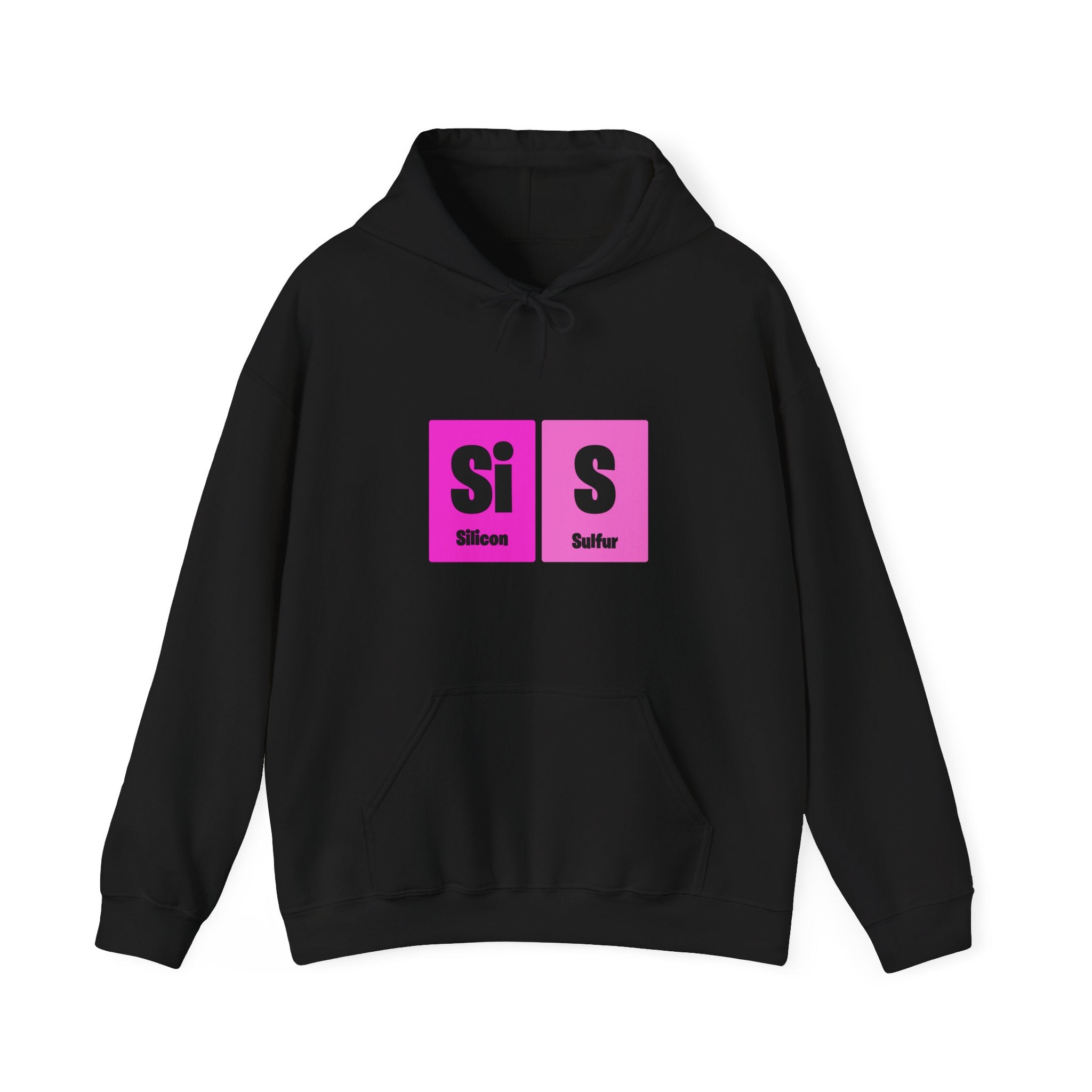 A black Si-S Light Pendant - Hooded Sweatshirt featuring pink periodic table elements for Silicon (Si) and Sulfur (S) printed on the front, inspired by Si-S pendant designs.