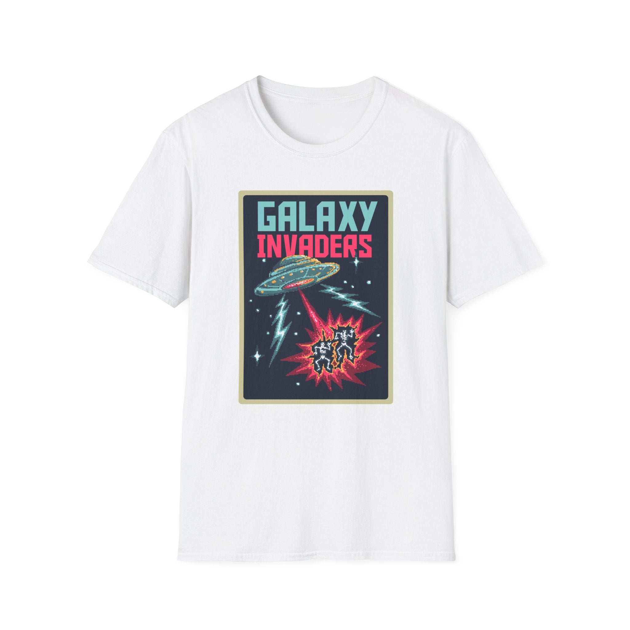 White T-shirt showcasing the "Pixel Galaxy Invaders" design, complete with a pixelated spaceship and aliens set against a space-themed backdrop.