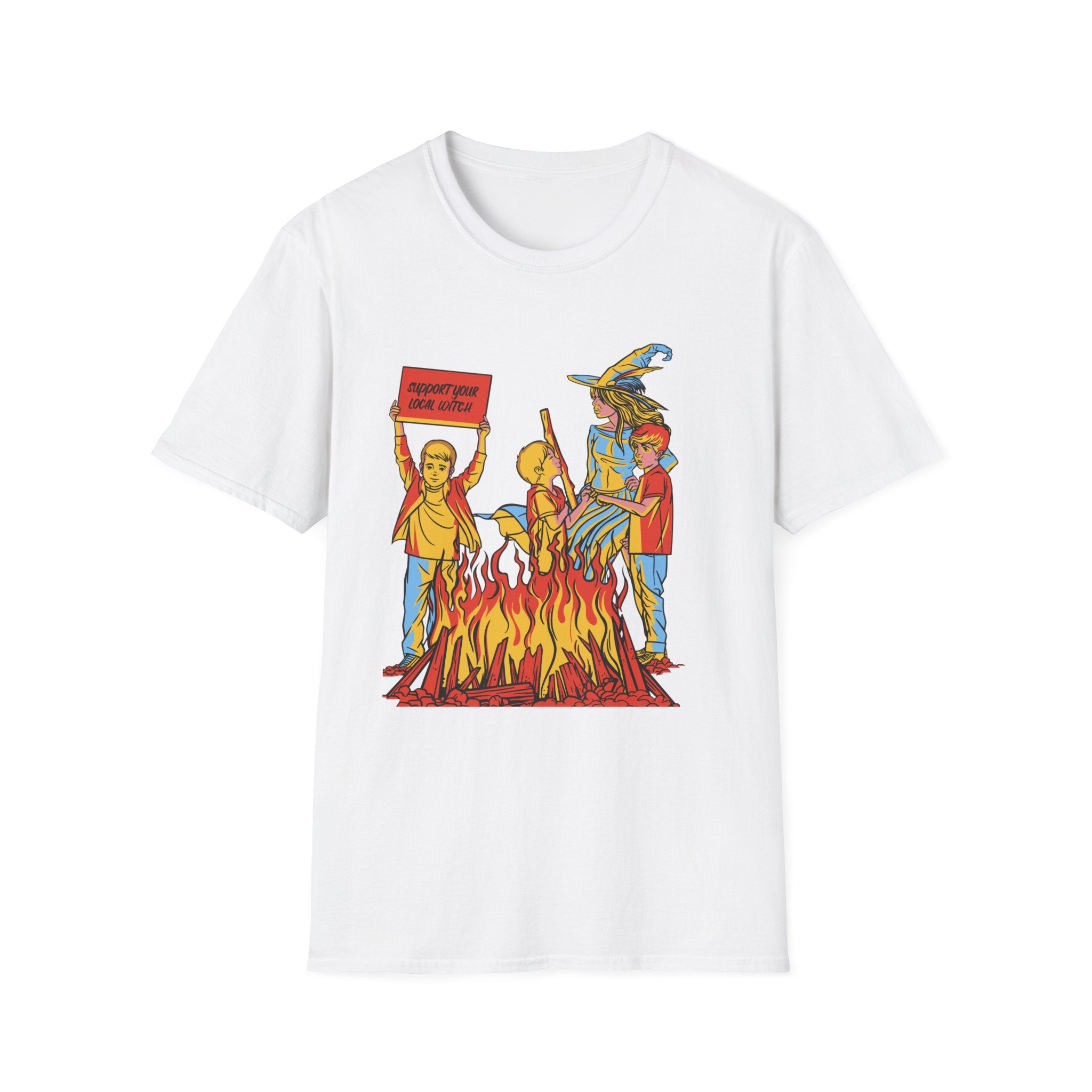 The We Love Witches T-Shirt features a distinctive design, depicting three cartoonish figures in yellow raincoats gathered around a bonfire, with one holding a sign that reads, "Support Your Local Coven.