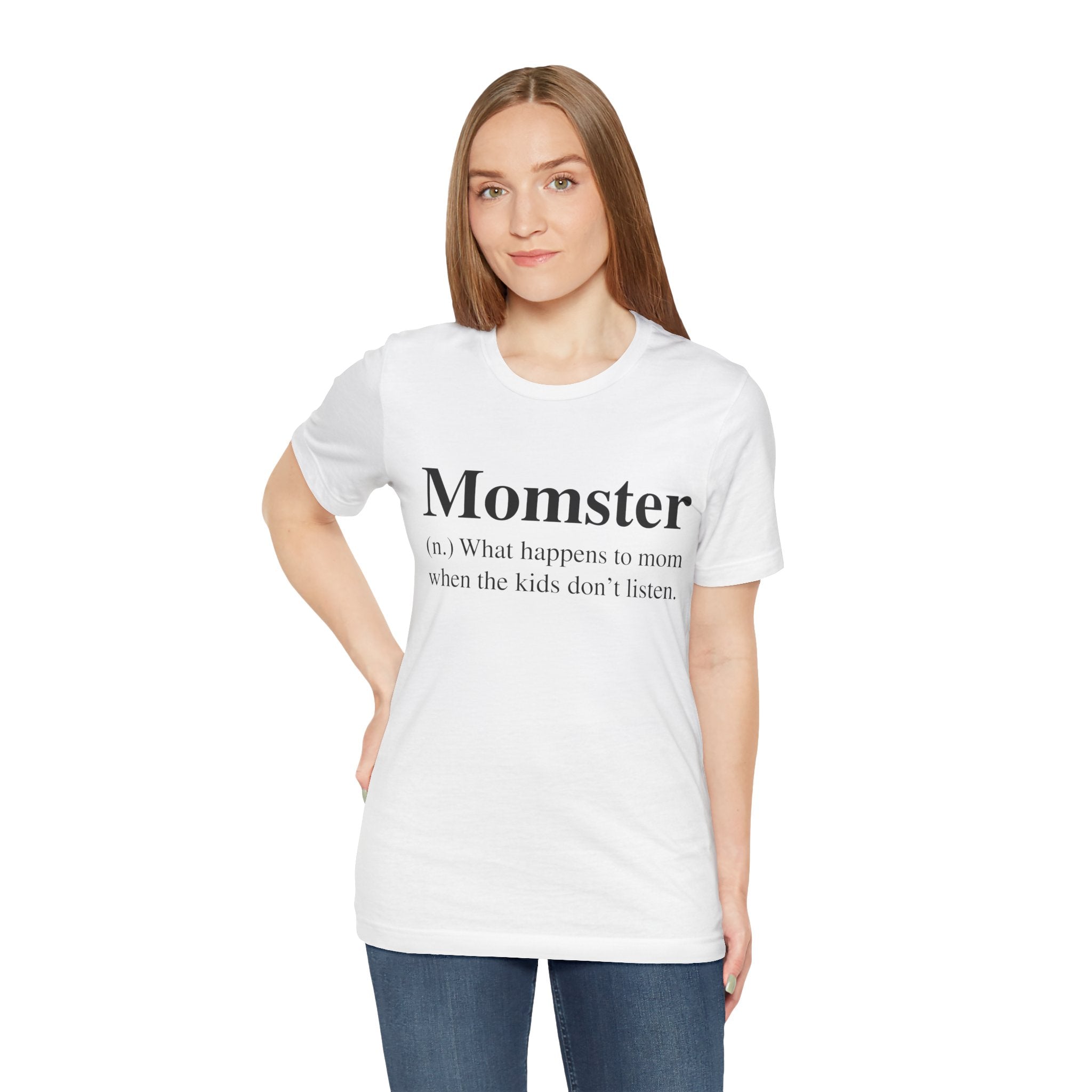 Woman in a Momster T-Shirt, standing against a plain background.