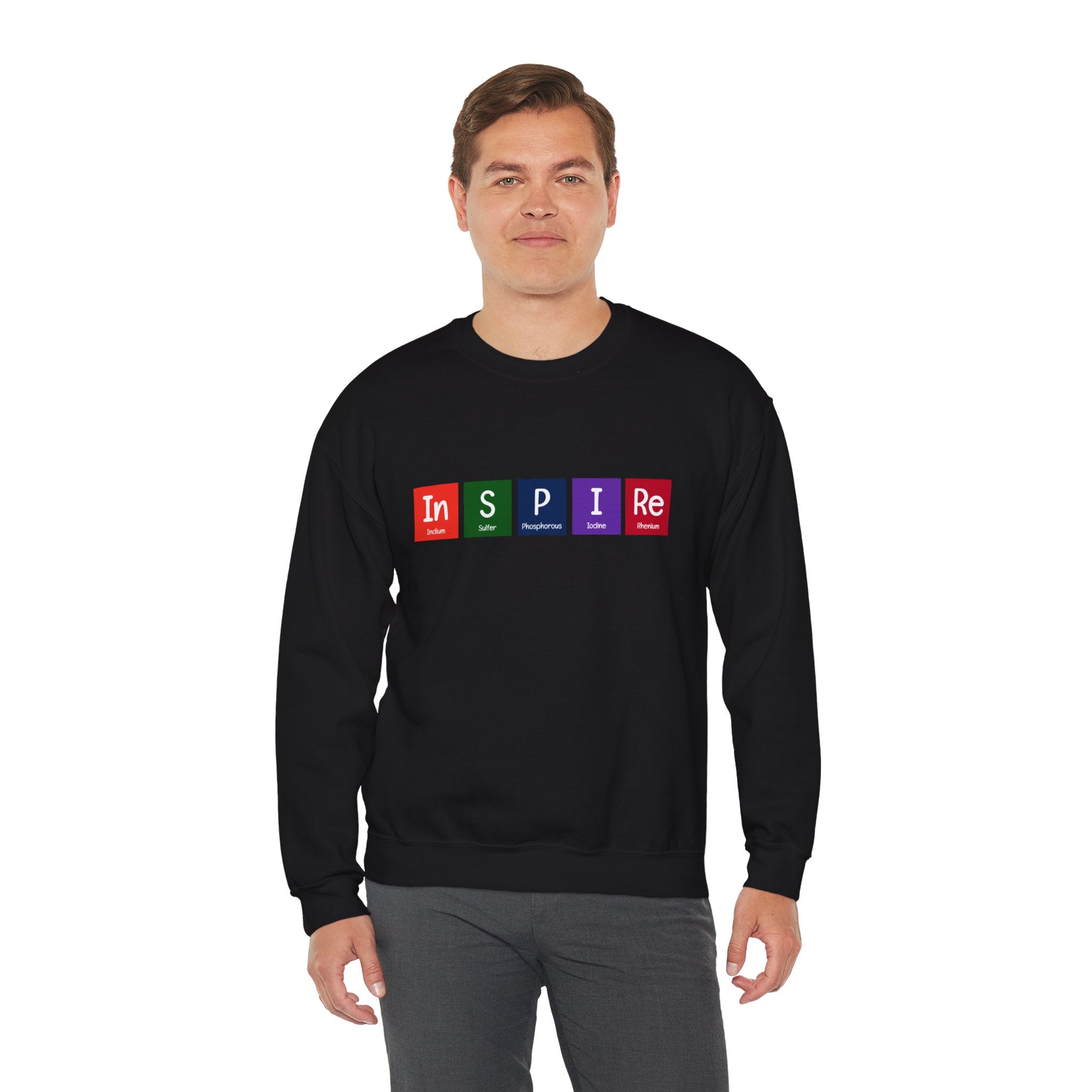 A person is shown wearing a cozy In-S-P-I-Re - Sweatshirt, perfect for inspiration during the colder months.