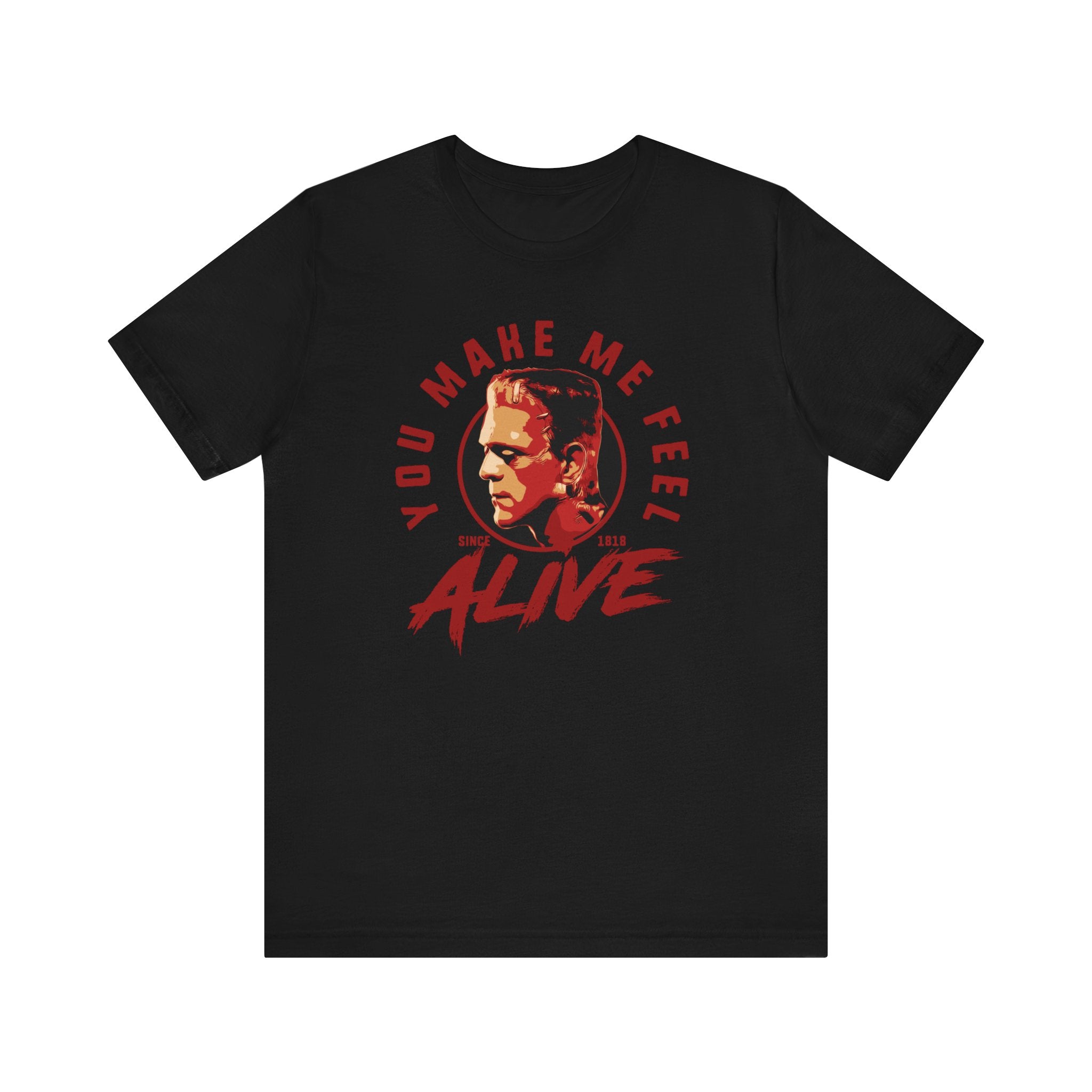 Black unisex tee featuring a graphic of a man's face in red tones with the You Make Me Feel Alive printed in stylized red text.