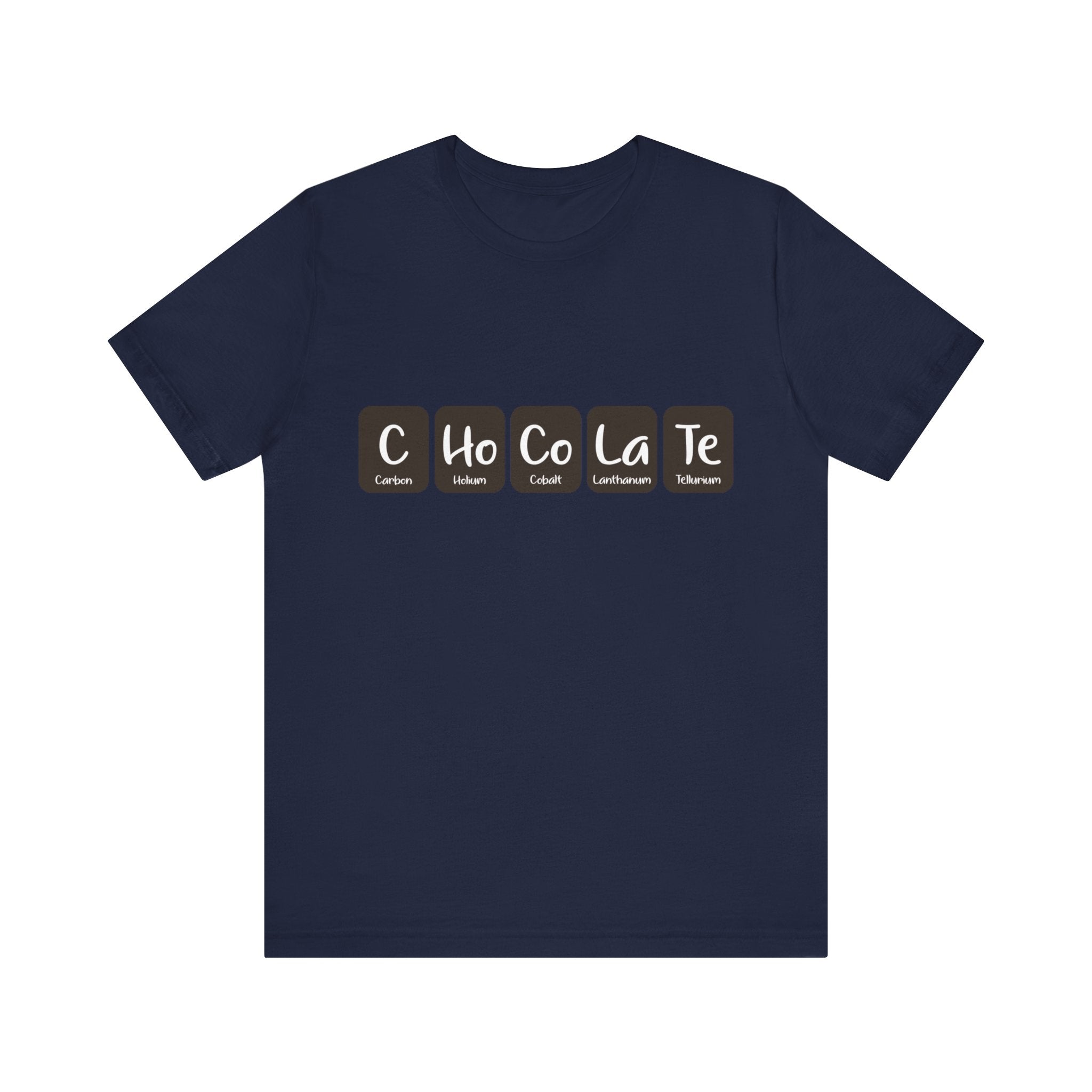 A stylish navy blue C-Ho-Co-La-Te - T-Shirt featuring a clever design using chemical elements abbreviations, crafted from soft Airlume cotton for ultimate comfort.