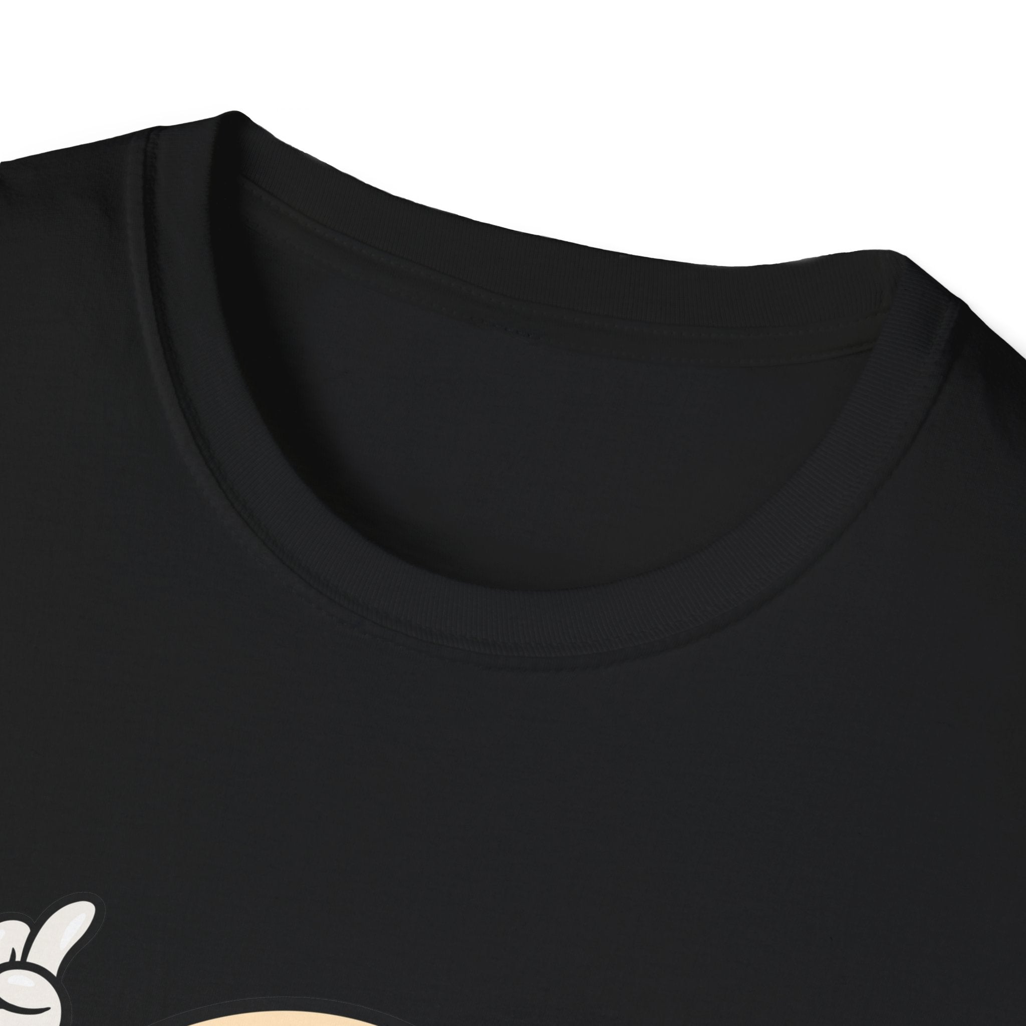 Close-up of the neckline of a black Burger Cartoon T-shirt with the graphic design partially visible at the bottom edge of the image.