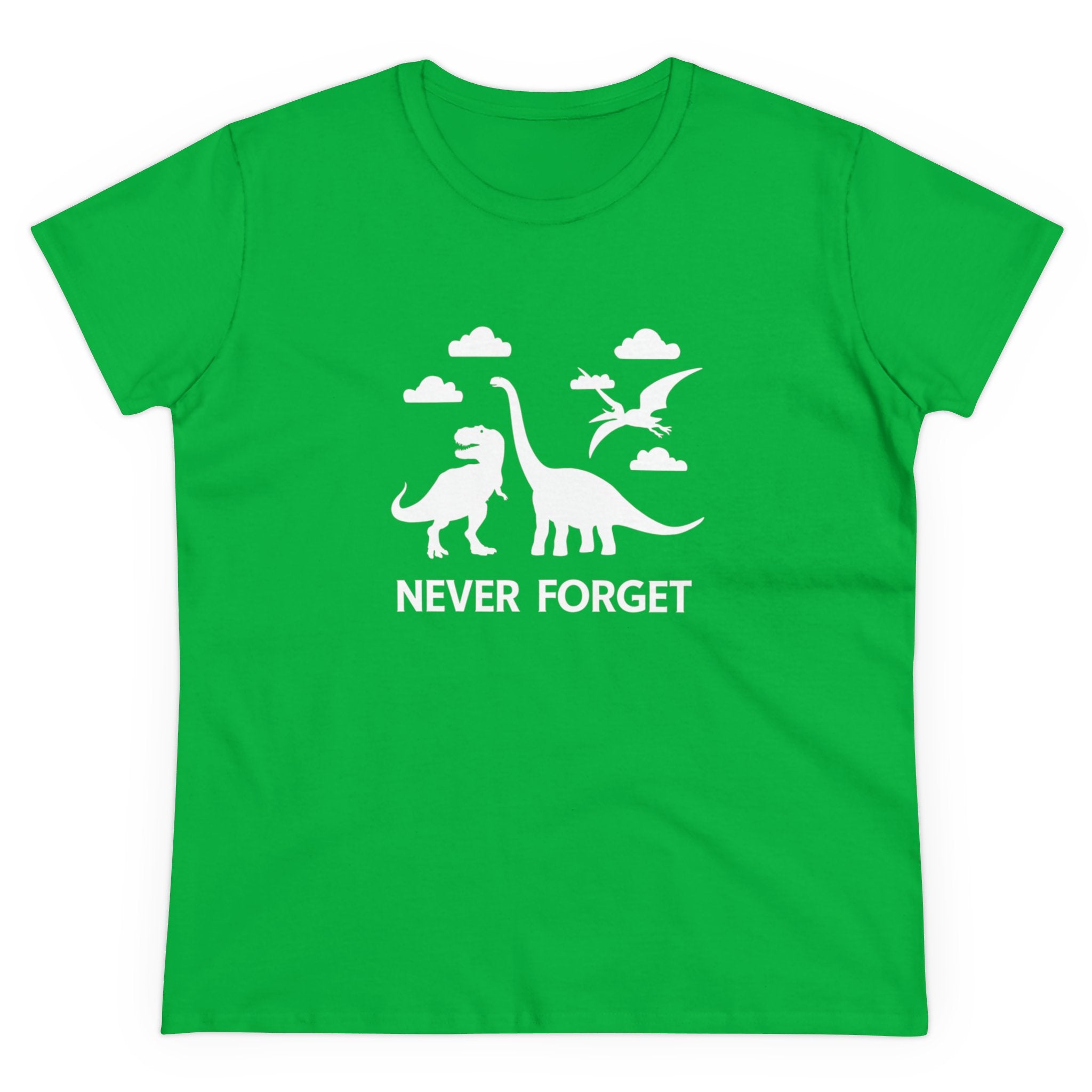 Soft cotton green T-shirt featuring white silhouette illustrations of dinosaurs and clouds above the text "NEVER FORGET." This **Never Forget - Women's Tee** comes with stylish cap sleeves for added flair.